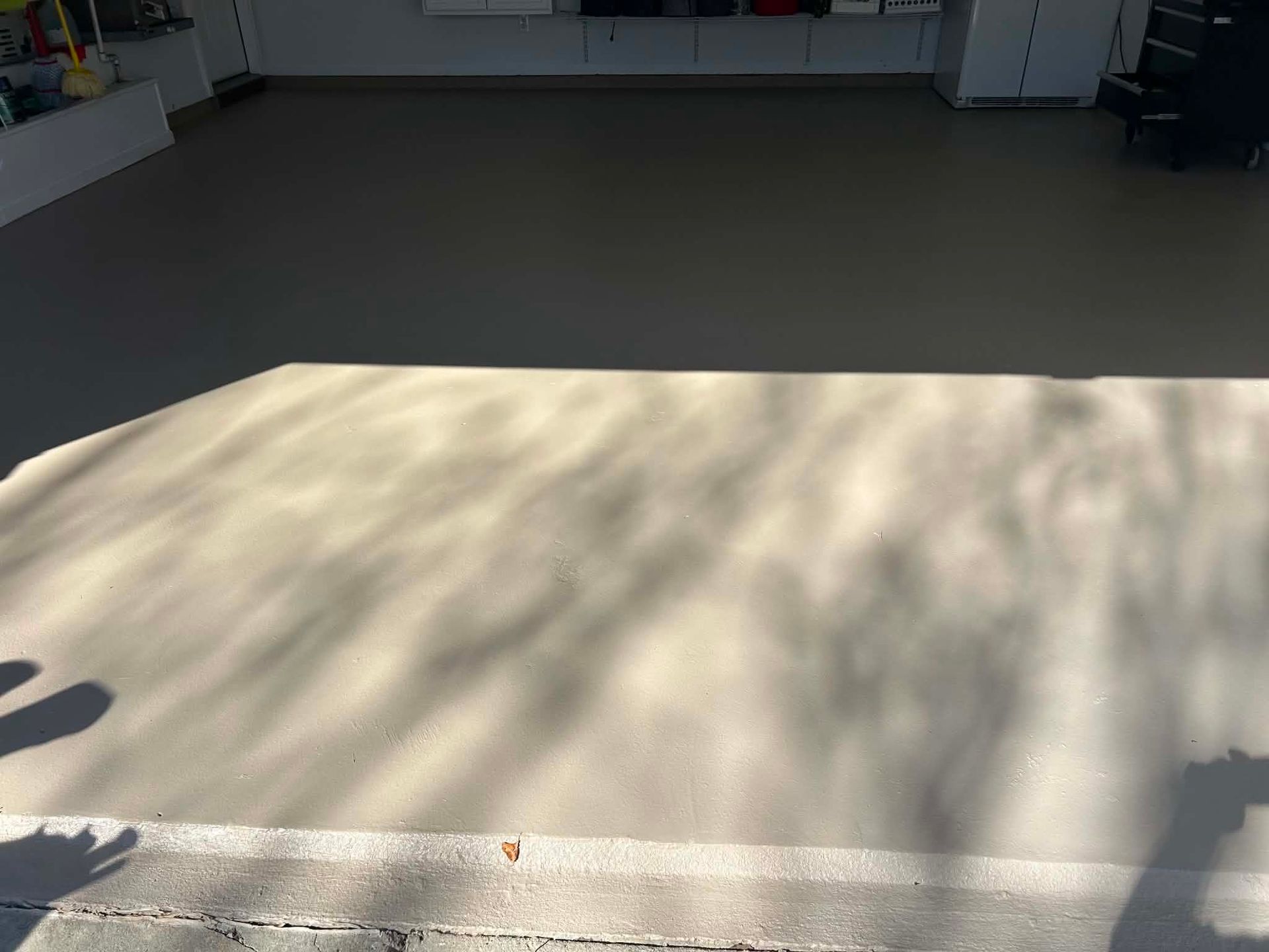 Sunlit concrete floor with tree shadows in front of a garage or driveway opening
