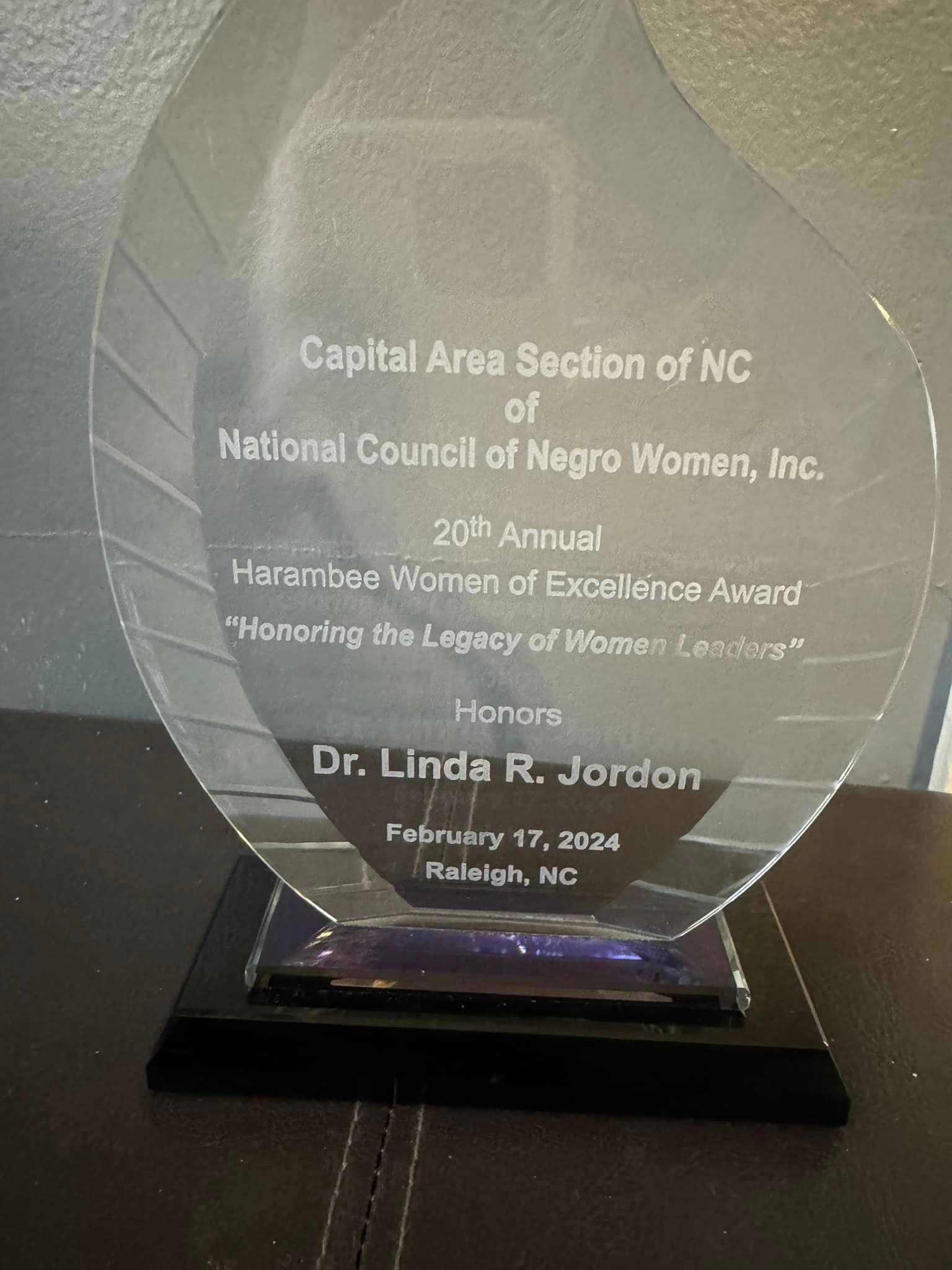 Award honoring Dr. Linda R. Jordon from the Capital Area Section of NC National Council of Negro Women, Inc.