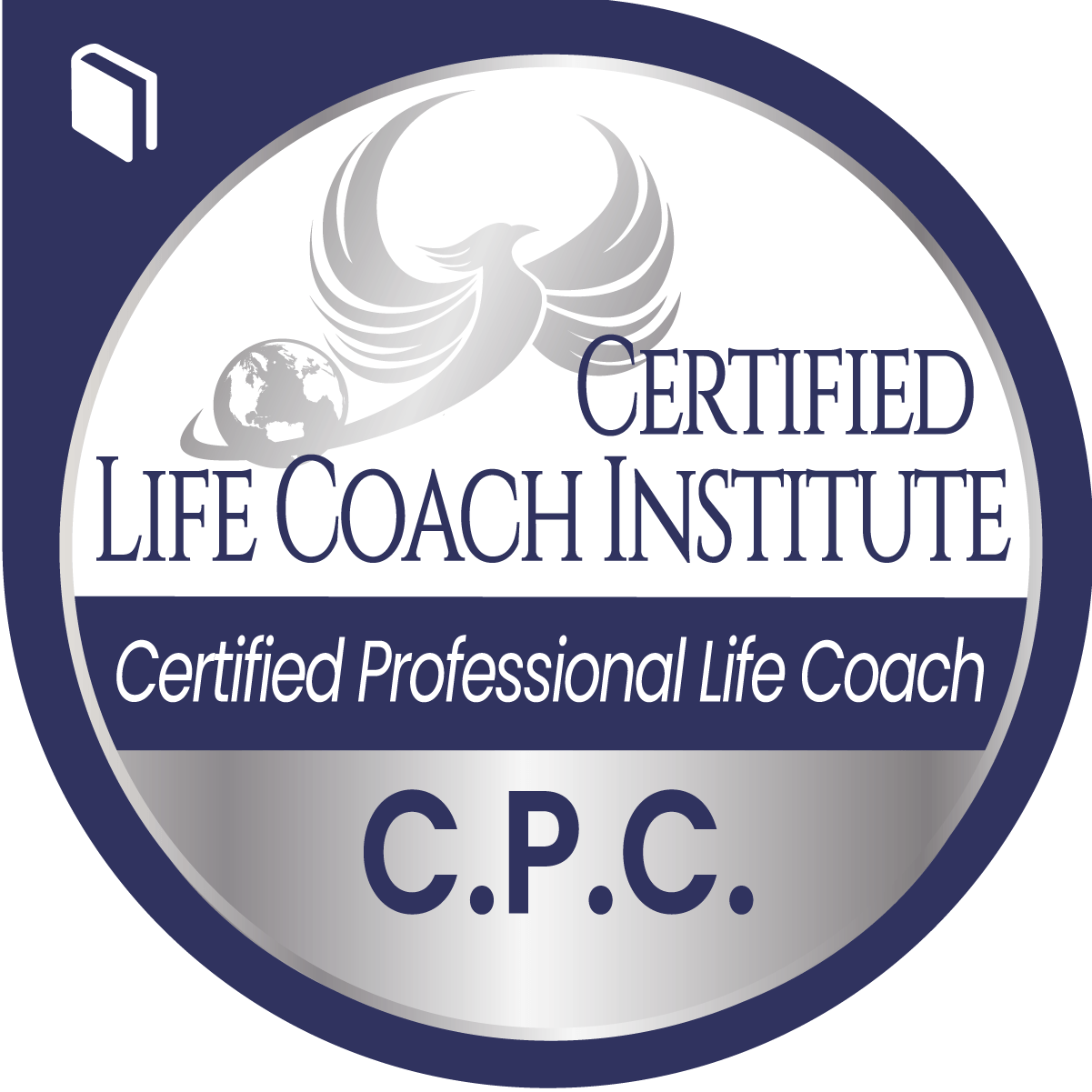 Certified Life Coach Institute badge with silver phoenix and globe, reading