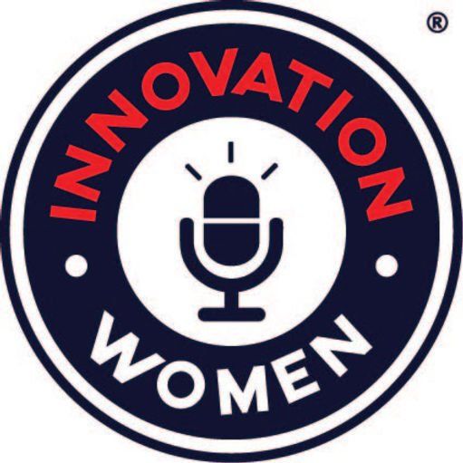 Logo of Innovation Women: navy circle with white text and red accents, featuring a microphone.
