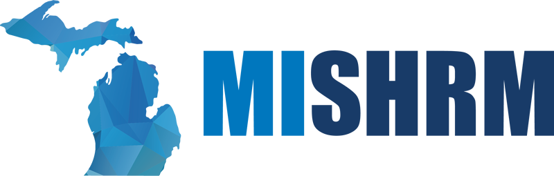 Logo of MISHRM, a human resources organization in Michigan. Features a blue geometric Michigan outline and text 