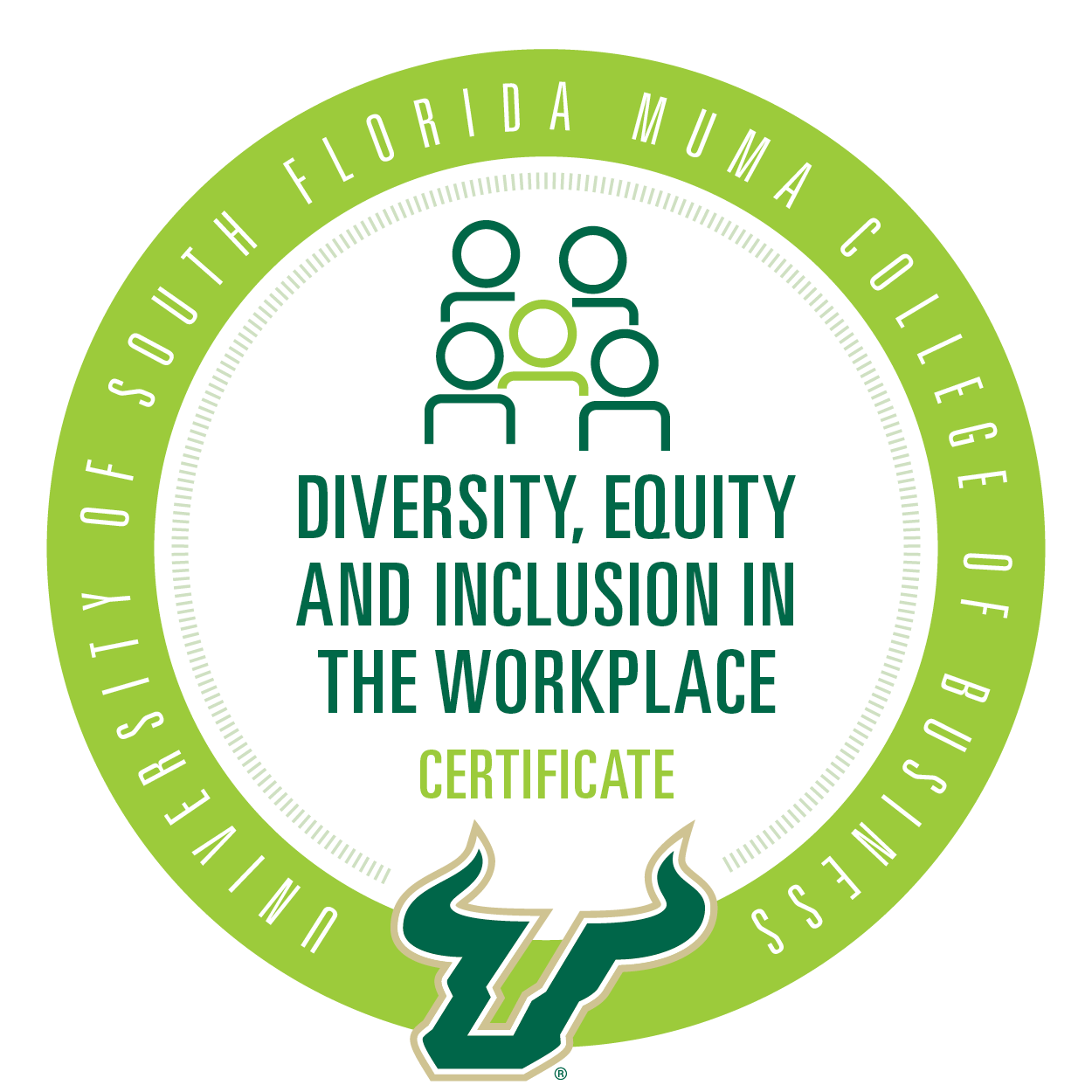 USF Muma College of Business DEI certificate with a green and white circular design.