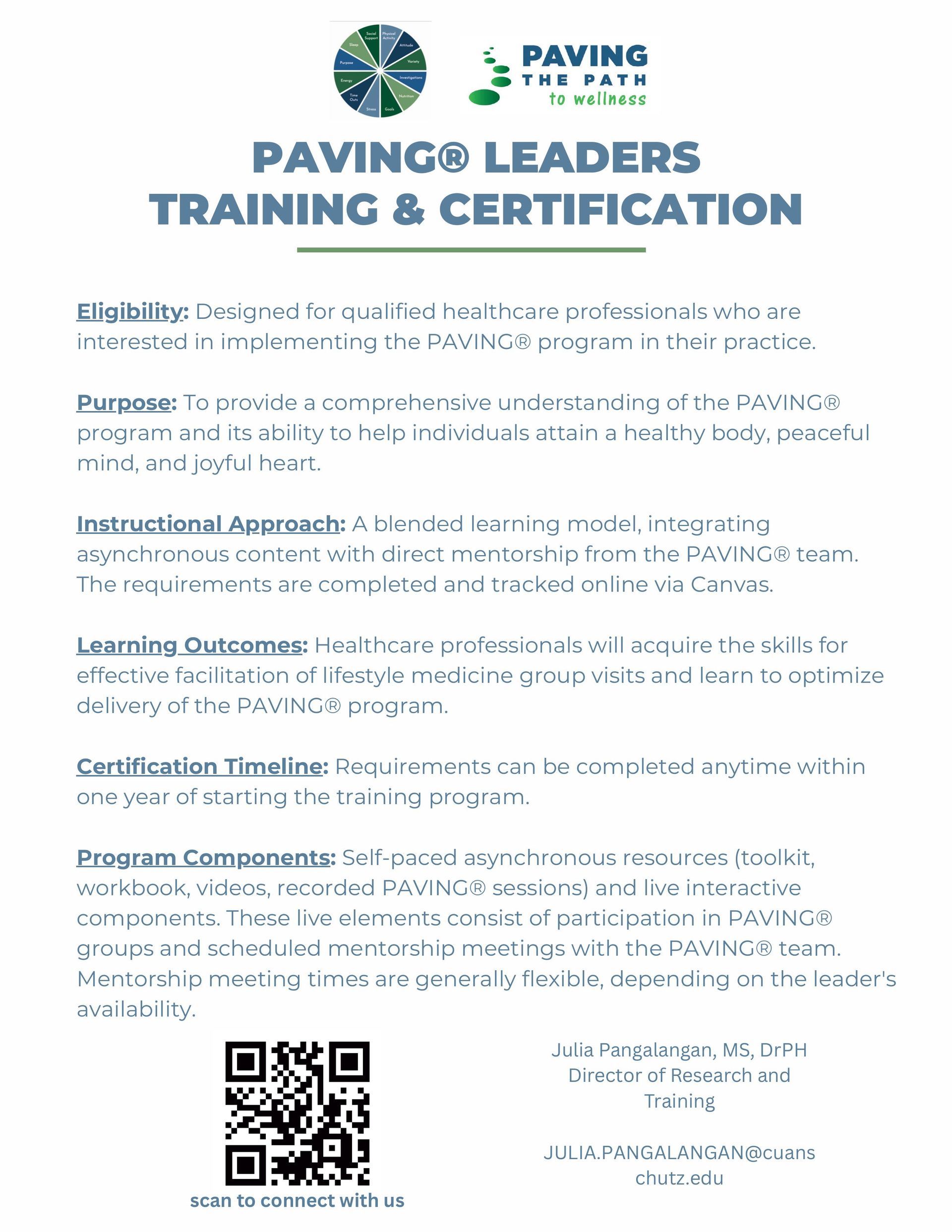 PAVING LEADERS Training & Certification flyer with text and QR code.