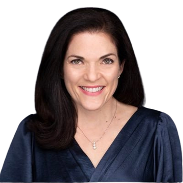 Woman with dark hair, smiling, wearing a blue top, and necklace, against a dark blue background.