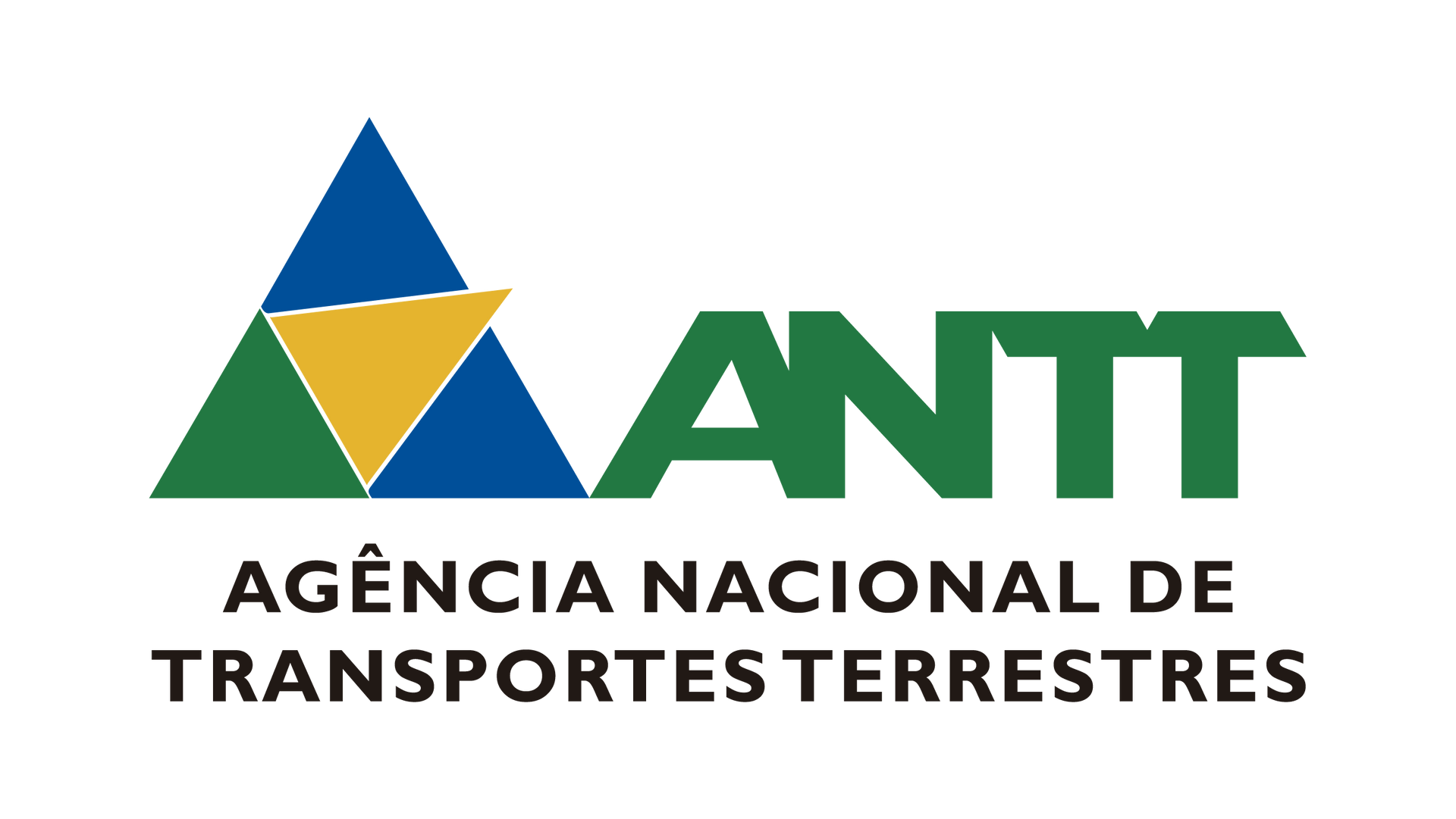 Logotipo da ANTT: um triângulo verde, azul e amarelo com o texto