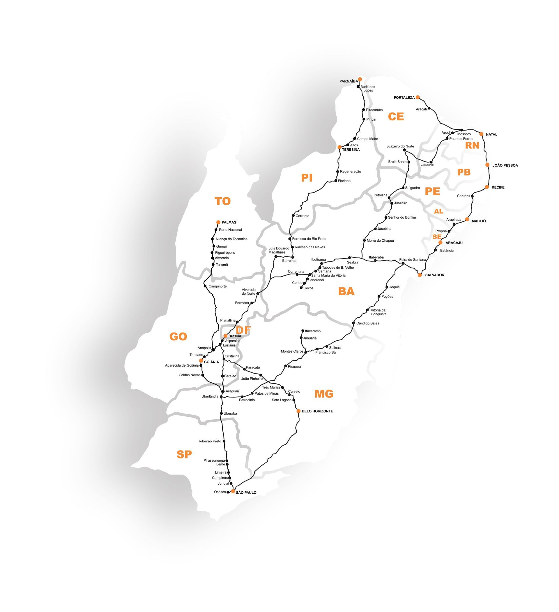 Mapa mostrando rotas por várias regiões, provavelmente o Brasil. Linhas pretas sobre fundo branco.