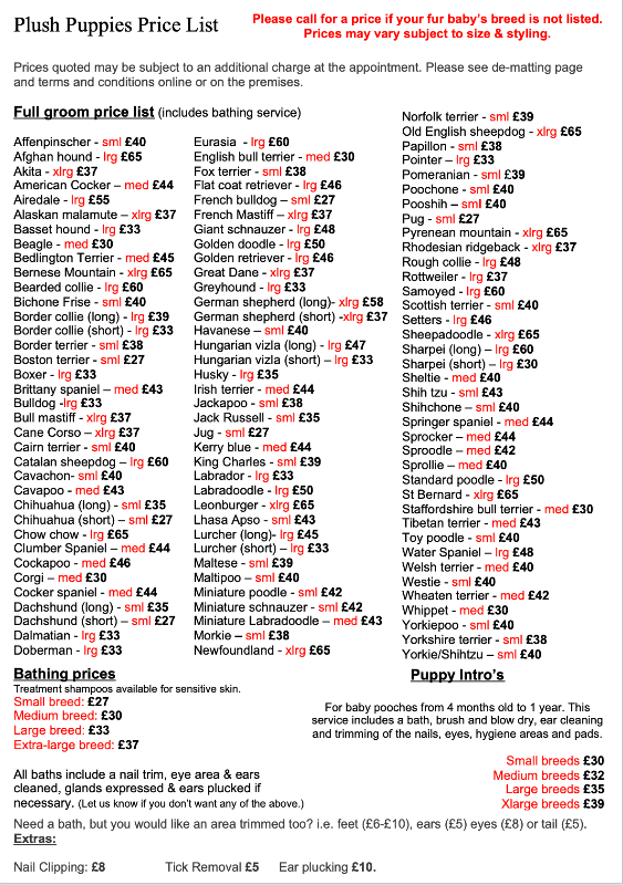 Dog grooming price sale list by breed