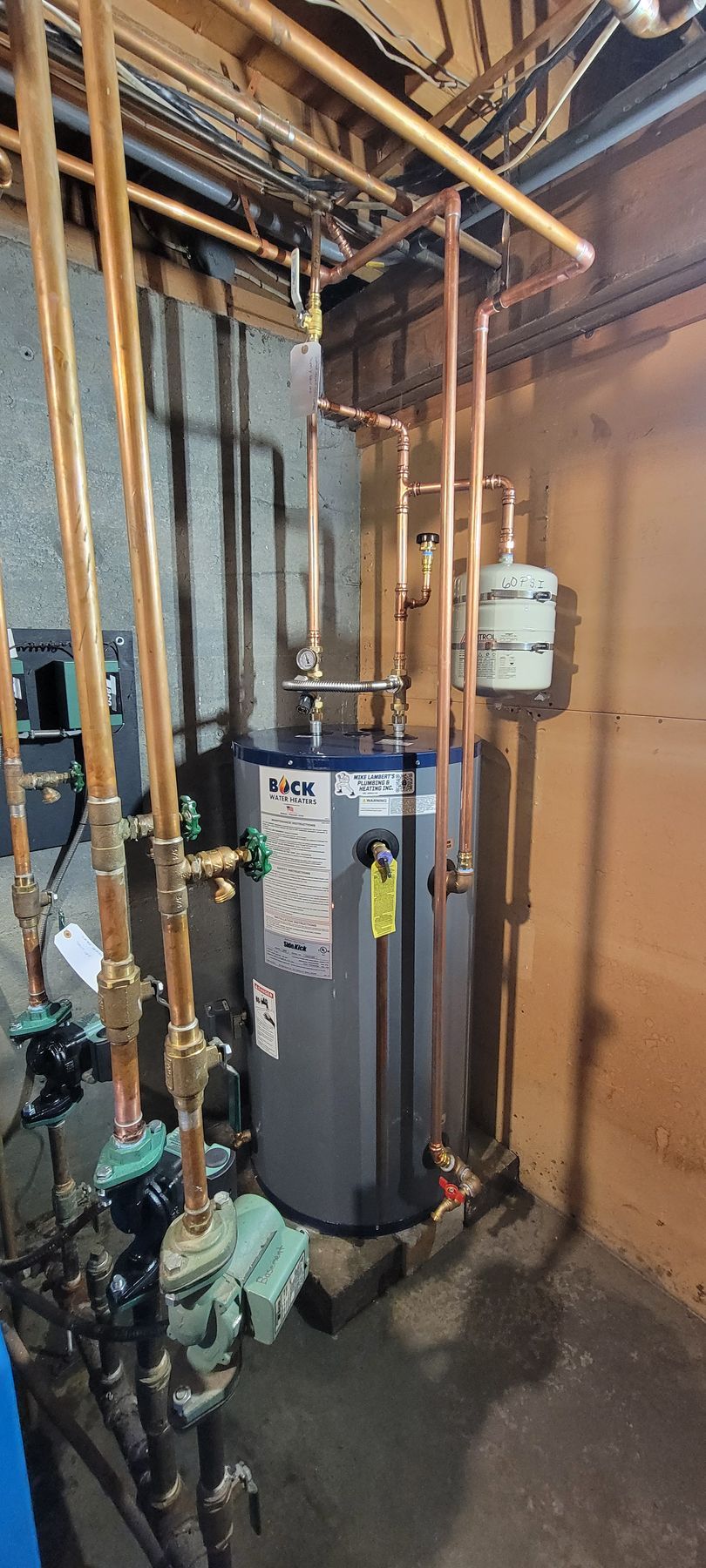 A water heater is sitting in a basement surrounded by pipes.