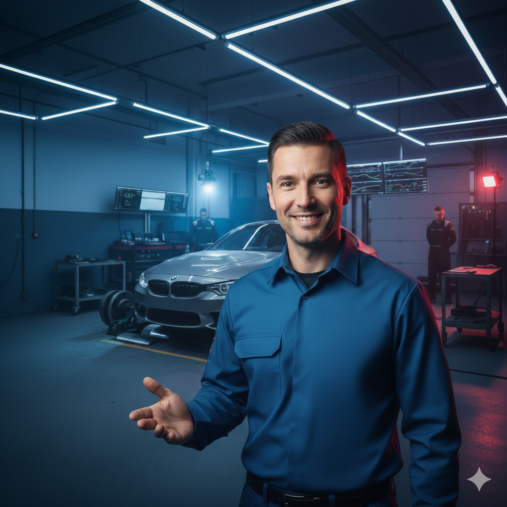 Hombre con camisa azul, gesticulando en un taller de reparación de automóviles con un coche al fondo y mecánicos.