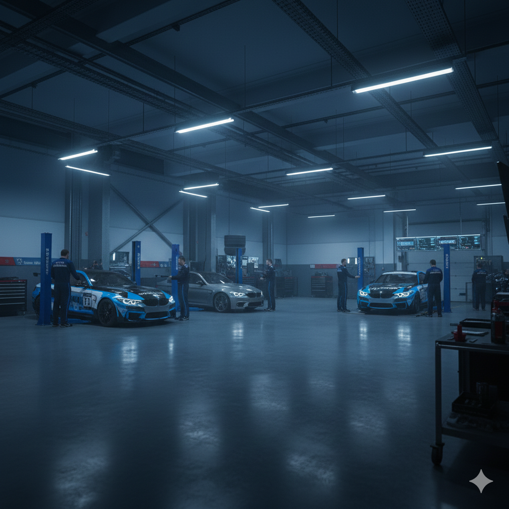 Escena de garaje de coches de carreras. Tres coches de carreras en ascensores. Mecánicos con uniformes azules. Iluminación azul fresca.