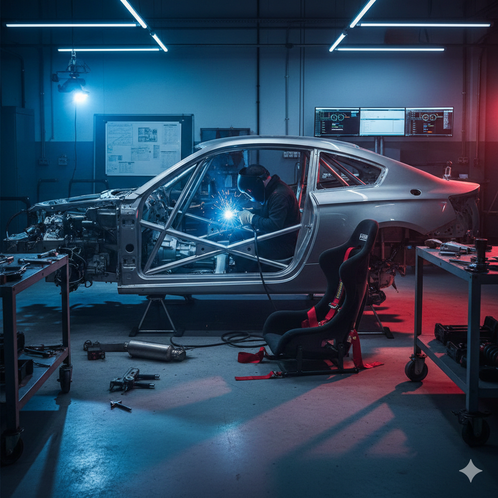 Un mecánico suelda una jaula antivuelco en un taller de coches, saltando chispas. Luces azules y rojas.