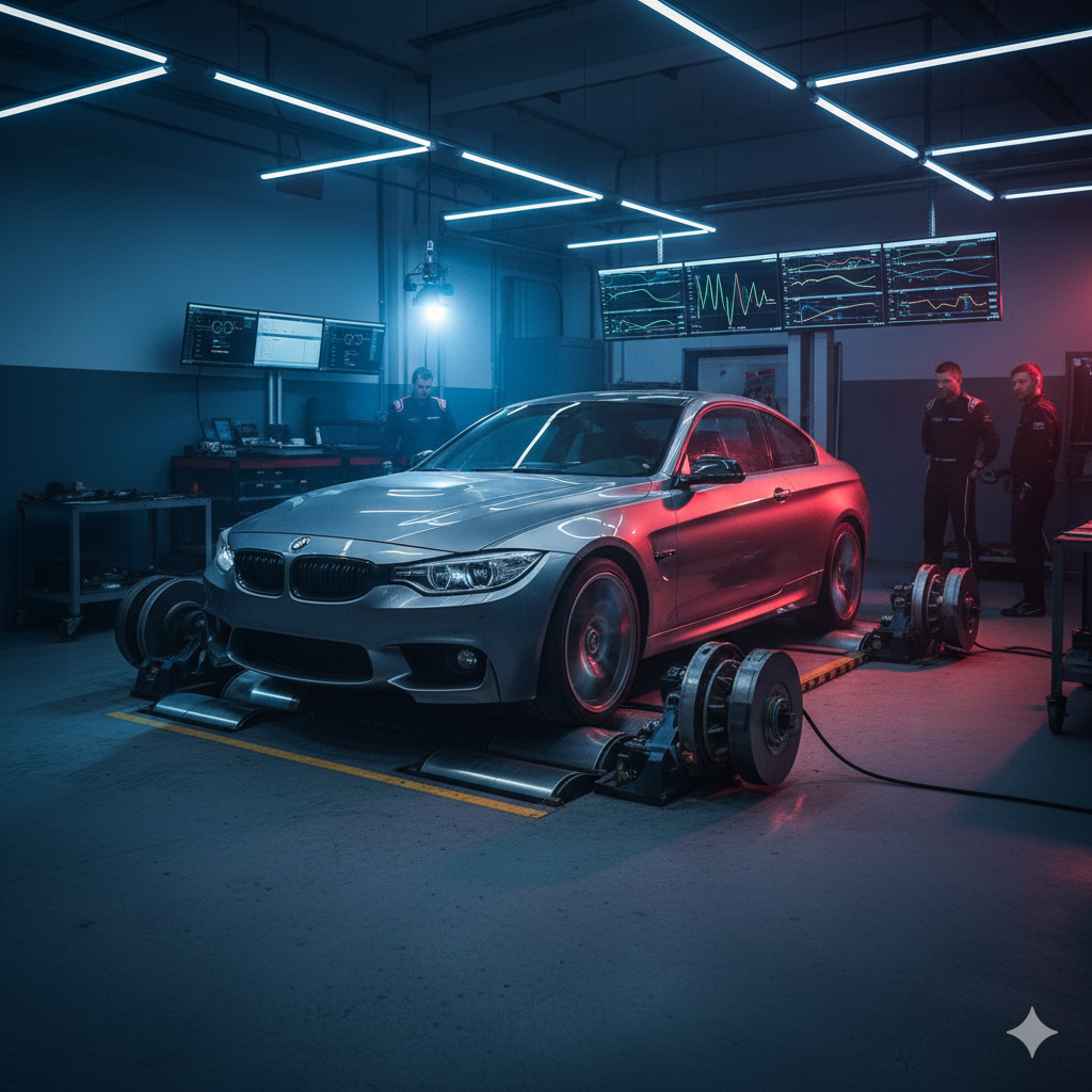 Un coche plateado en un dinamómetro en un garaje, mientras los técnicos observan los datos que se muestran en los monitores.