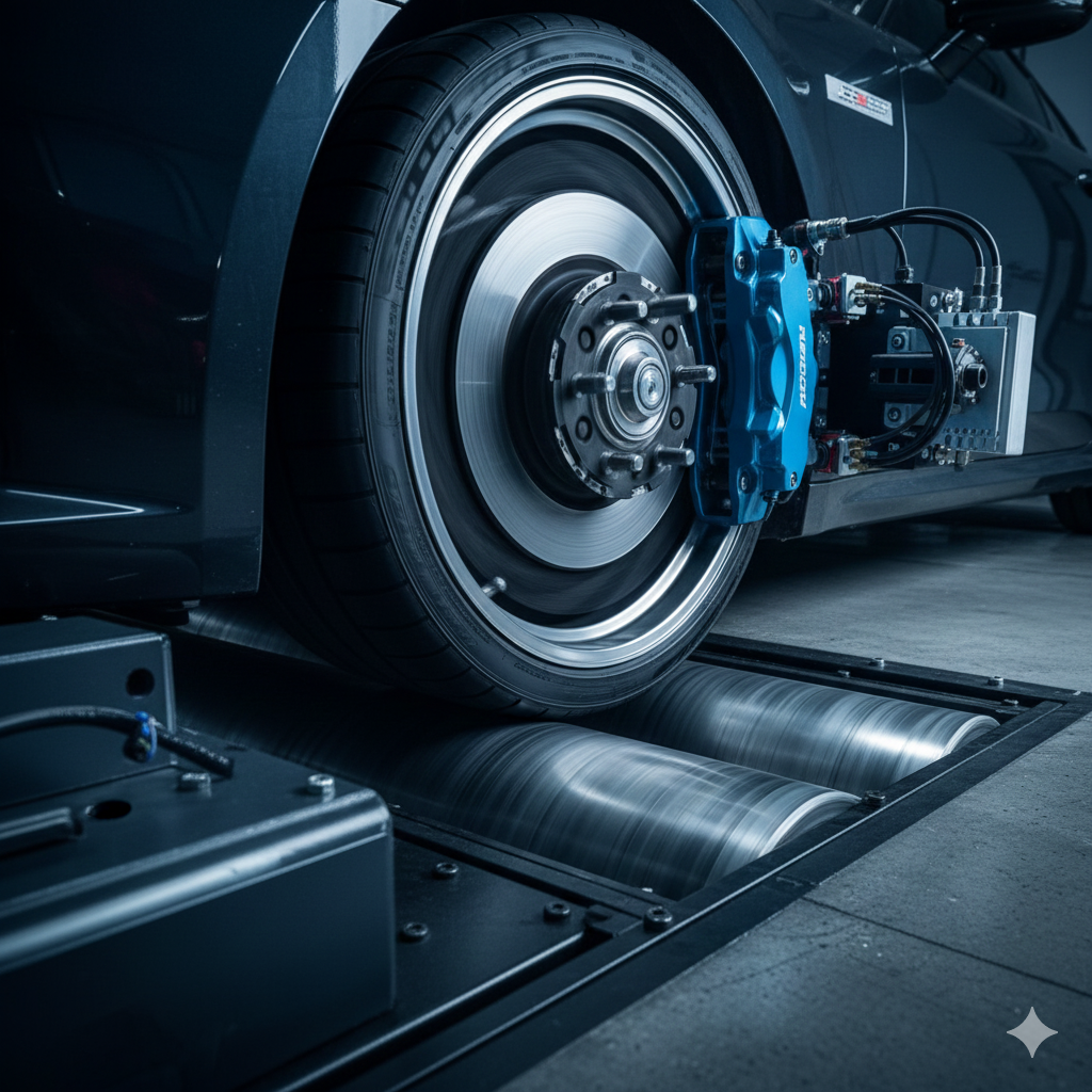 Neumático de automóvil en un dinamómetro; pinza de freno azul, rueda plateada, automóvil negro, entorno interior.