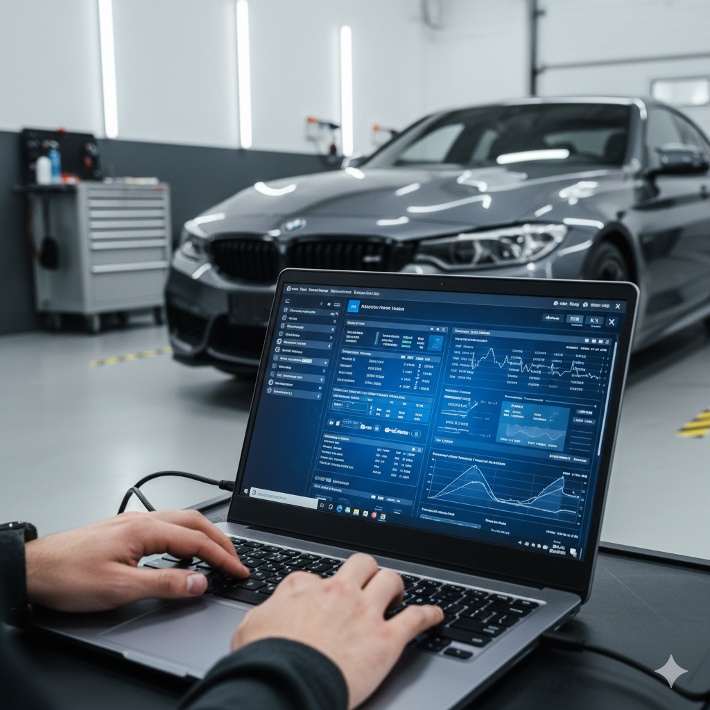 Persona que usa una computadora portátil, mostrando el software de diagnóstico del automóvil, en un garaje con un automóvil gris.