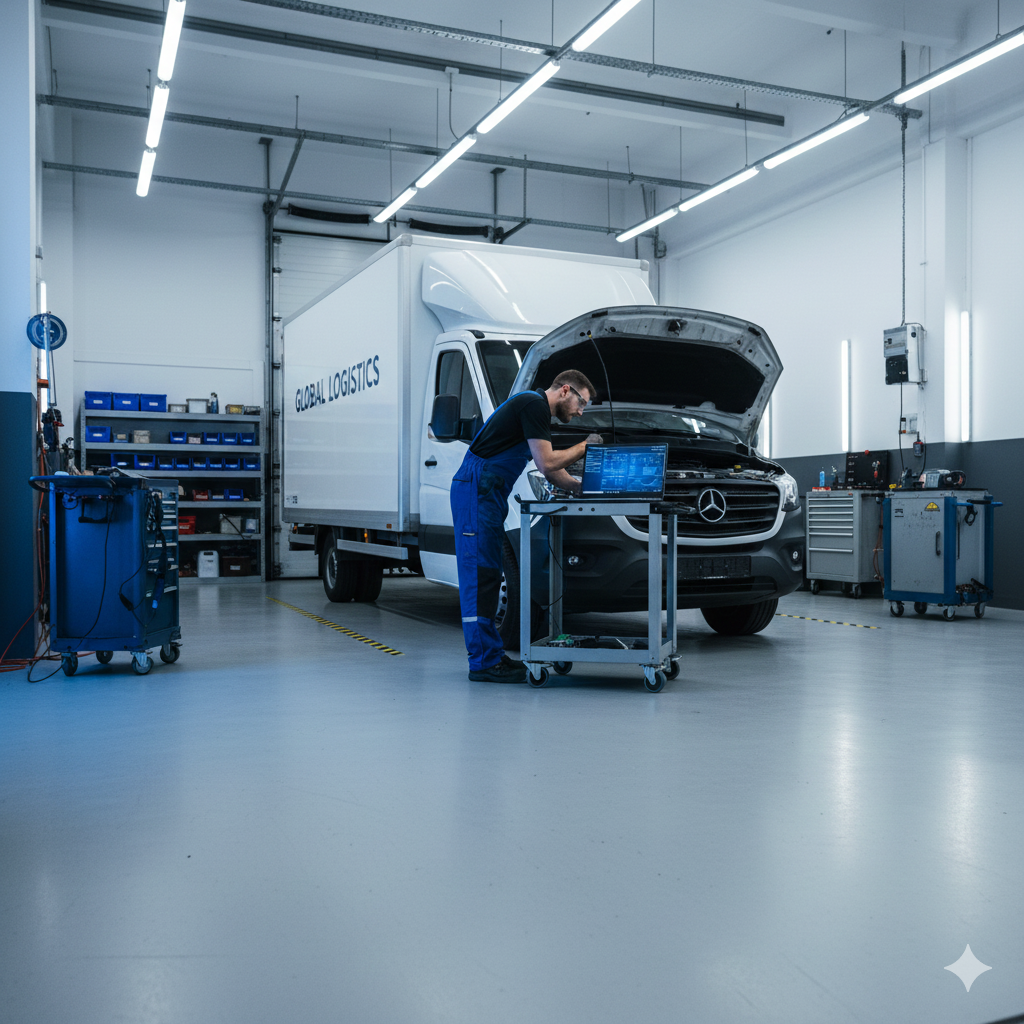 Mecánico usando una computadora portátil, examinando el motor del camión en un garaje luminoso.