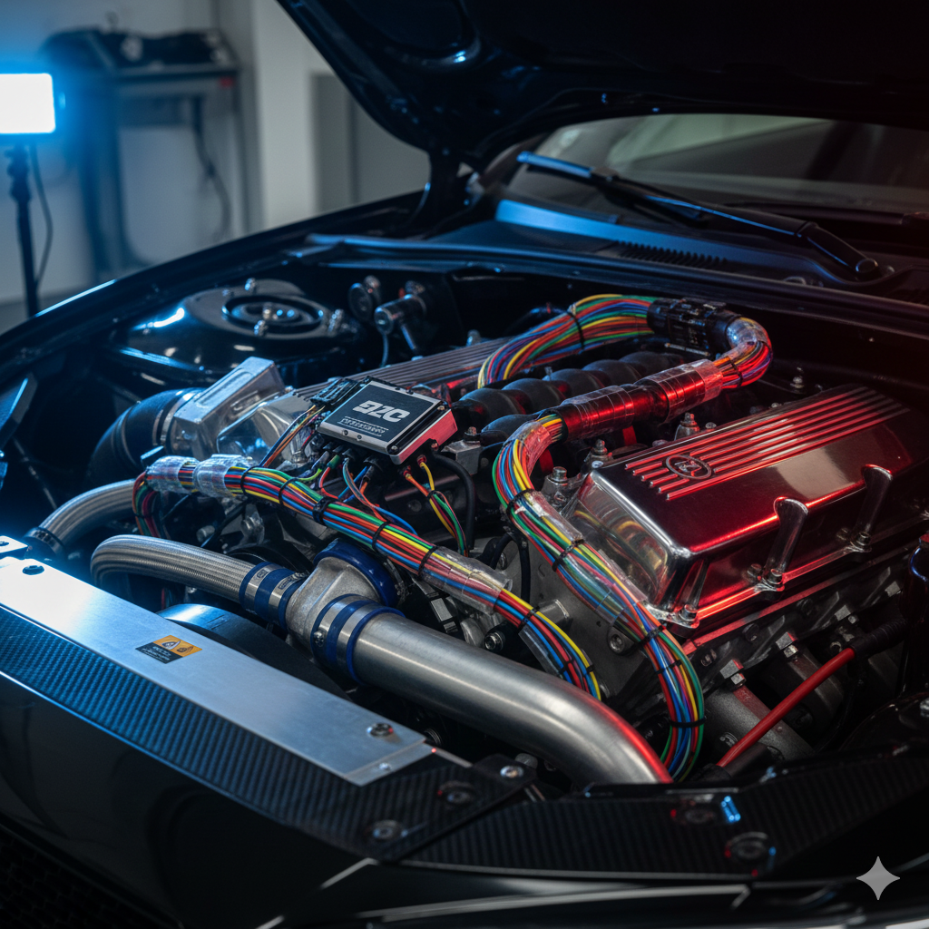 Compartimiento del motor de un automóvil negro con cableado intrincado, iluminado por luces azules y rojas.