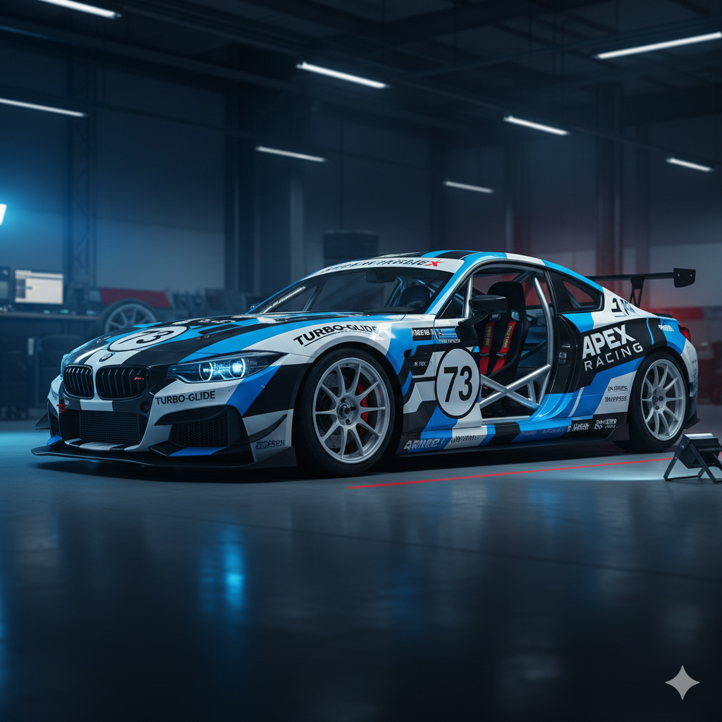 Coche de carreras en garaje, decoración azul, blanca y negra, número 73, ruedas de carreras, jaula antivuelco.