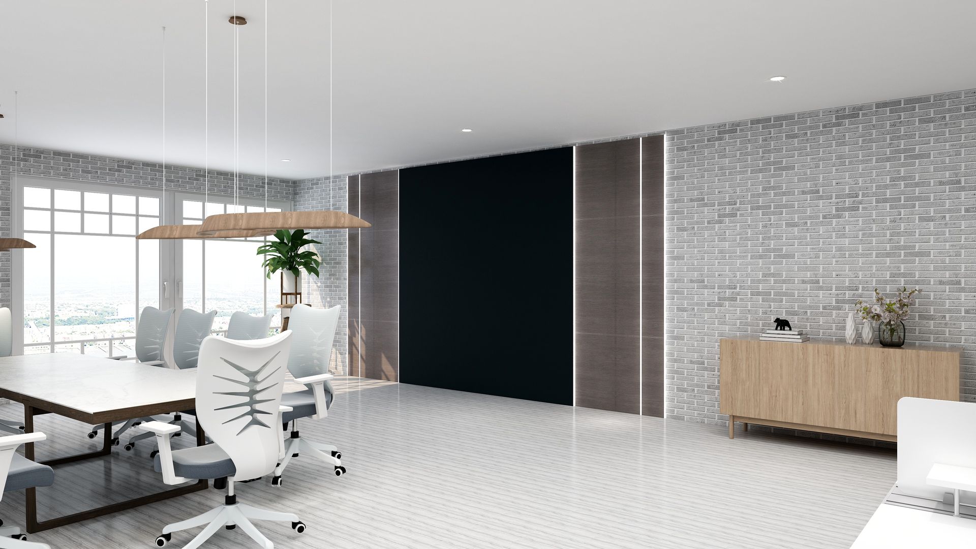 A modern office with a brick wall and a black door.