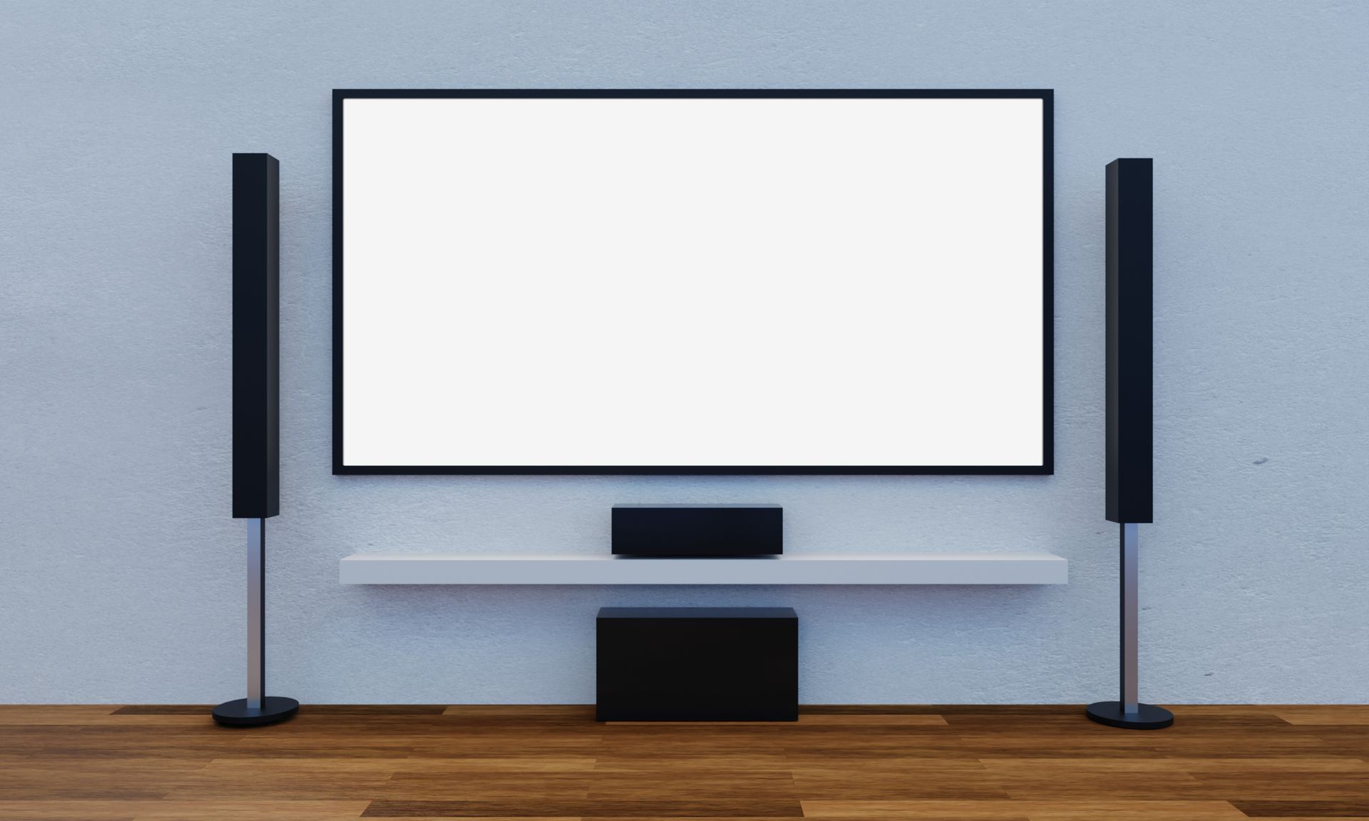 A living room with a flat screen tv , speakers and a shelf.