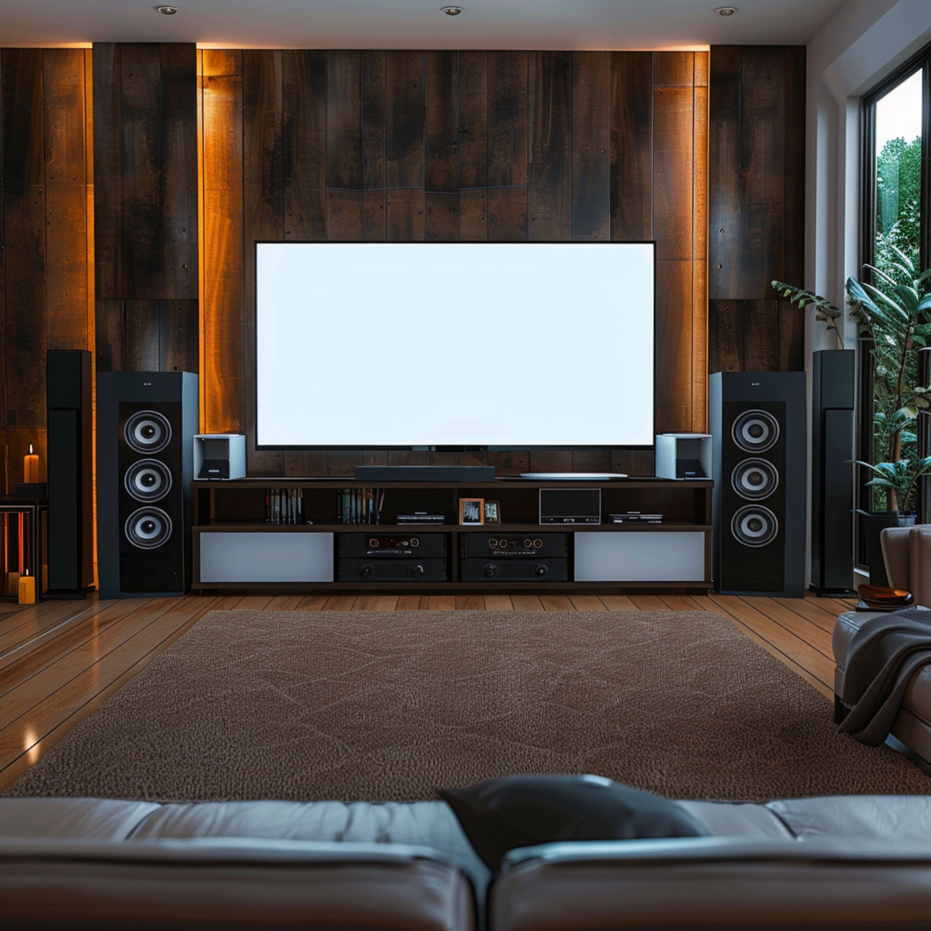 A living room with a flat screen tv and speakers.