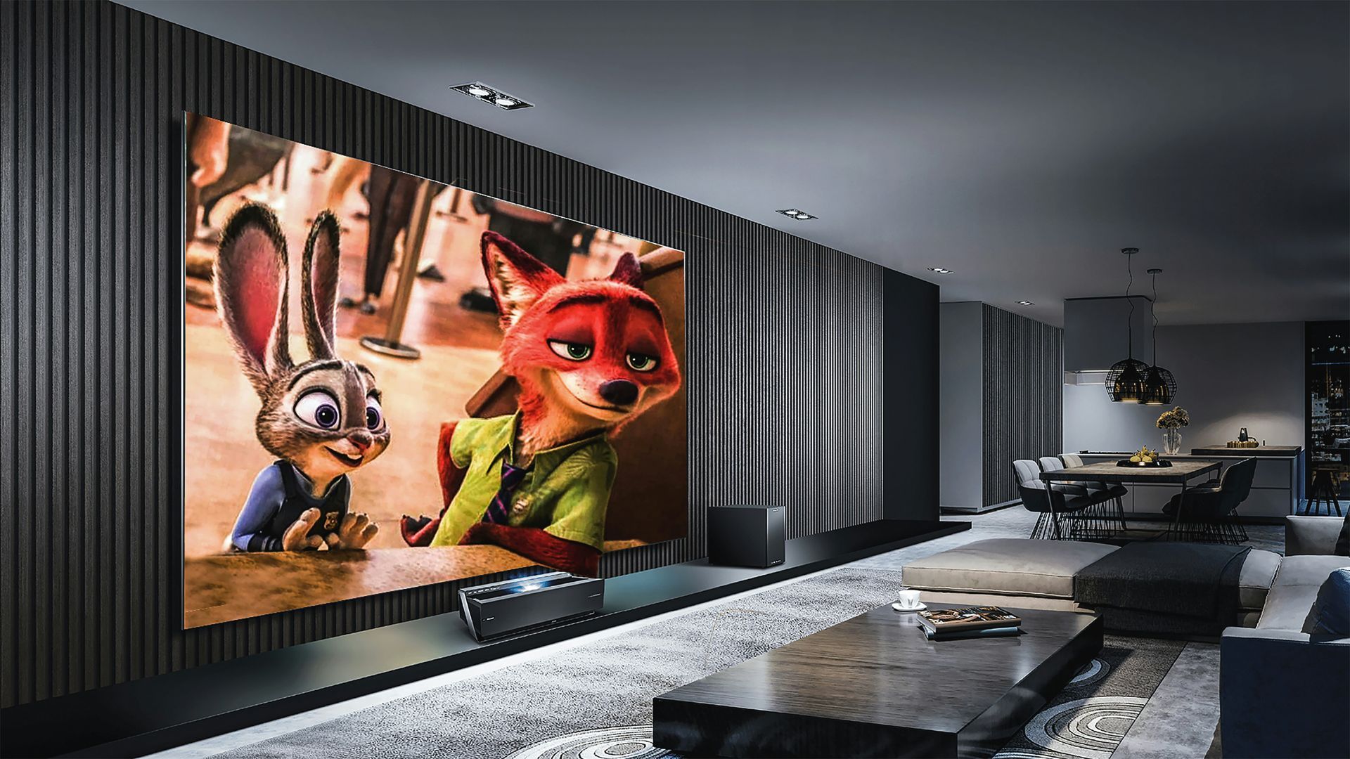 A living room with a large screen displaying a cartoon on it.