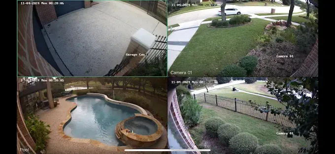 Four security camera views: driveway, front yard, pool area, and side yard with a fence.