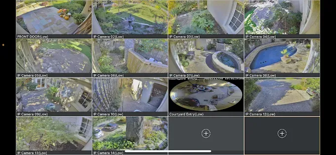 Surveillance screen showing multiple outdoor camera views of a residential property. Various angles of yards, trees, and a pool.