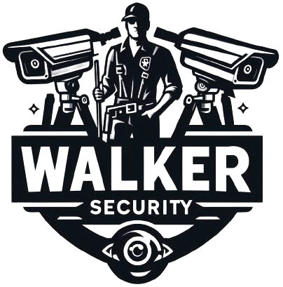Logo for Walker Security: security guard in uniform between two surveillance cameras, text "WALKER SECURITY".