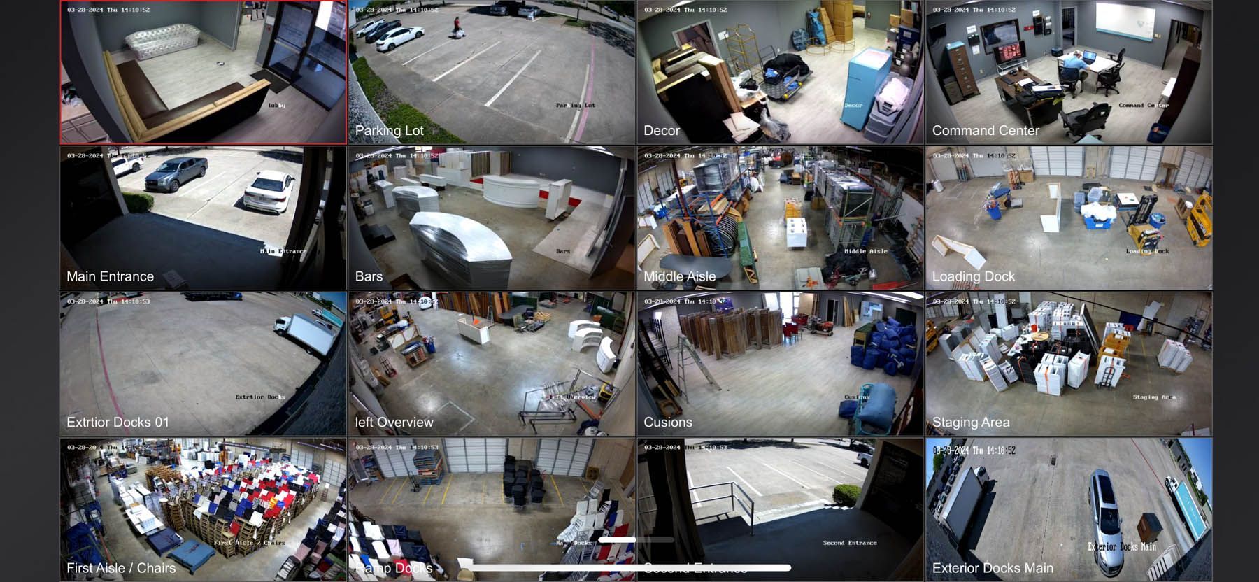 Security camera view showing multiple warehouse interior and exterior locations.