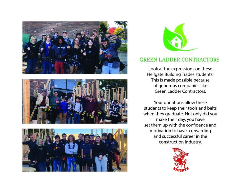 Group photos of students with construction projects; Green Ladder Contractors logo.
