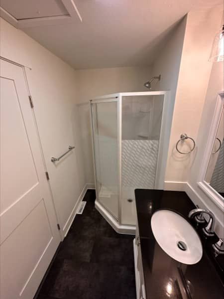 Bathroom with dark floor, white walls, shower, vanity, and door.