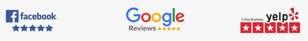 Facebook, Google, and Yelp review logos with star ratings.
