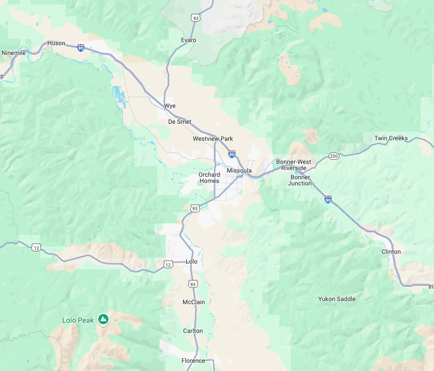 Map of mountainous area with roads and towns like Grand Junction and Montrose, Colorado.