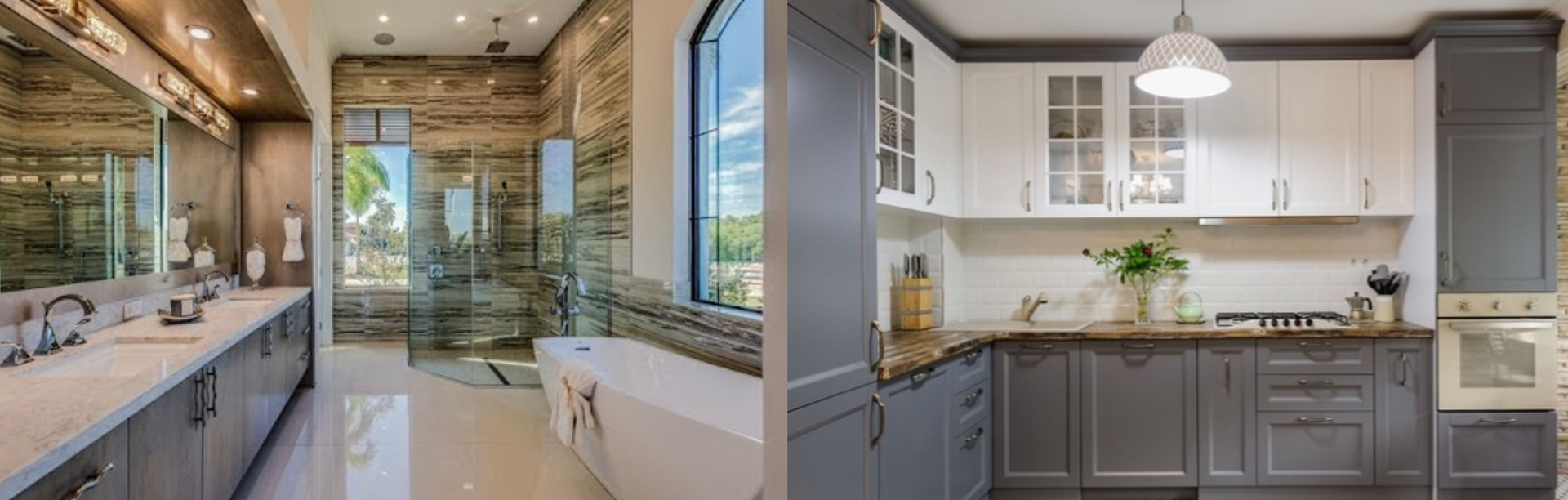Bathroom and kitchen, modern design. Bathroom with stone walls, double vanity. Kitchen with gray cabinets, white uppers.