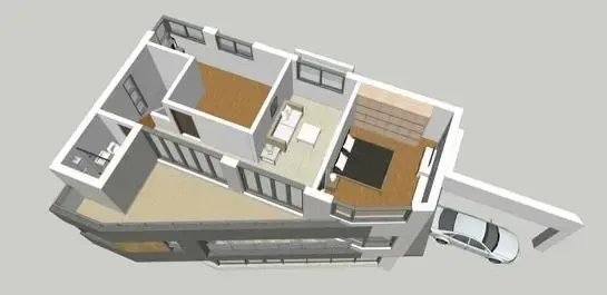 Architectural rendering of a modern house. Features a bedroom, living room, bathroom, and a garage with a car parked inside.