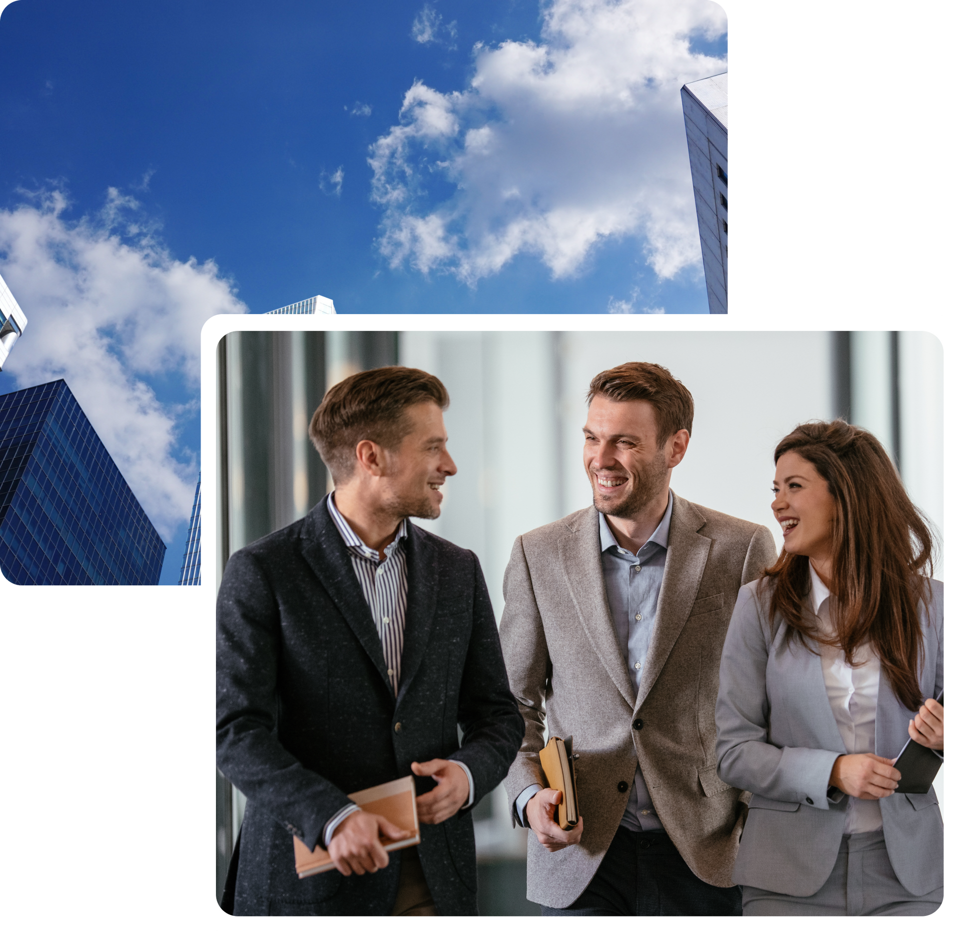 Men and woman in suits walking and talking inside building; skyscrapers and blue sky in background.