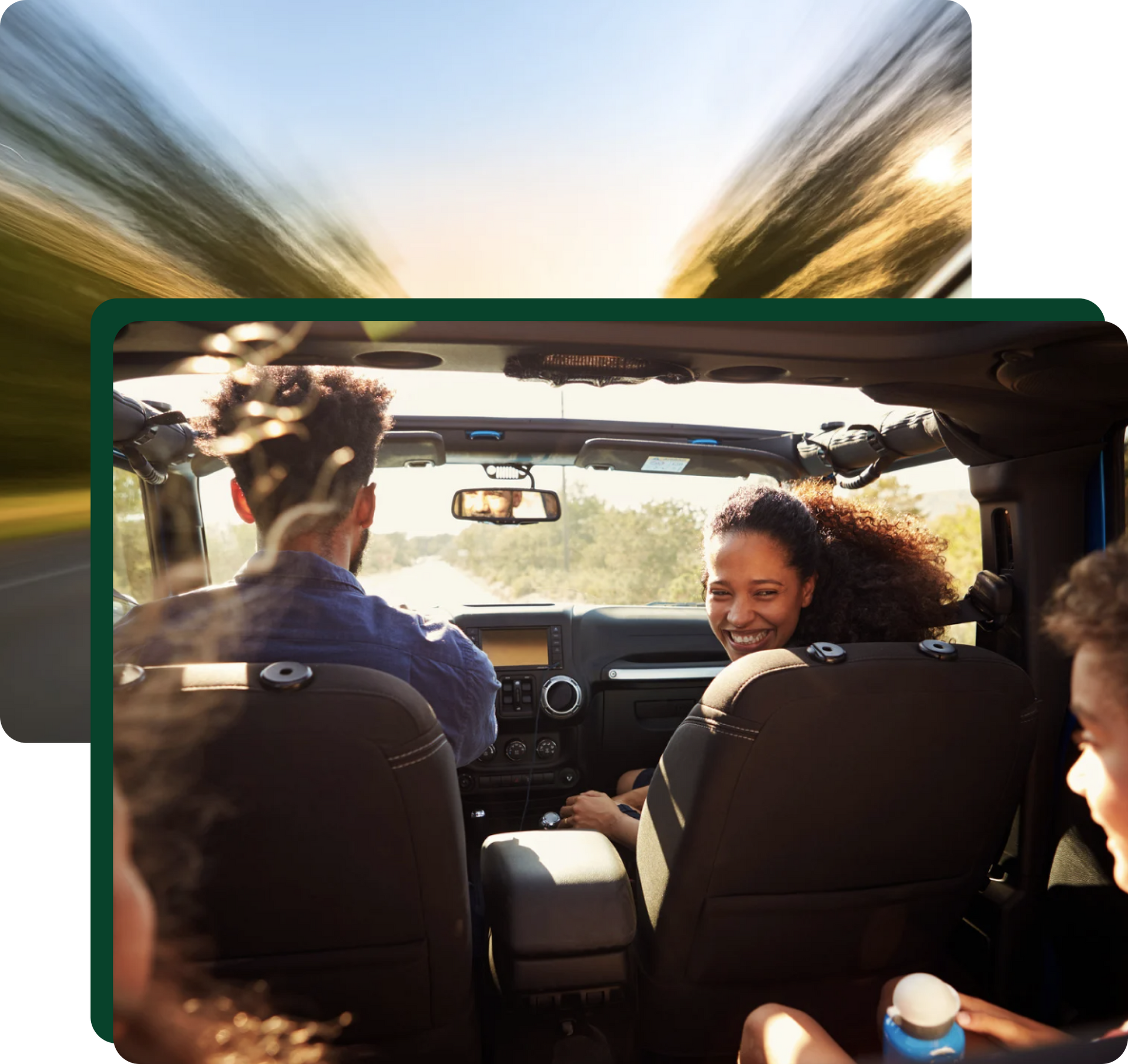 Family on road trip in open-top car, sunny day. Smiling woman, driver, and child.