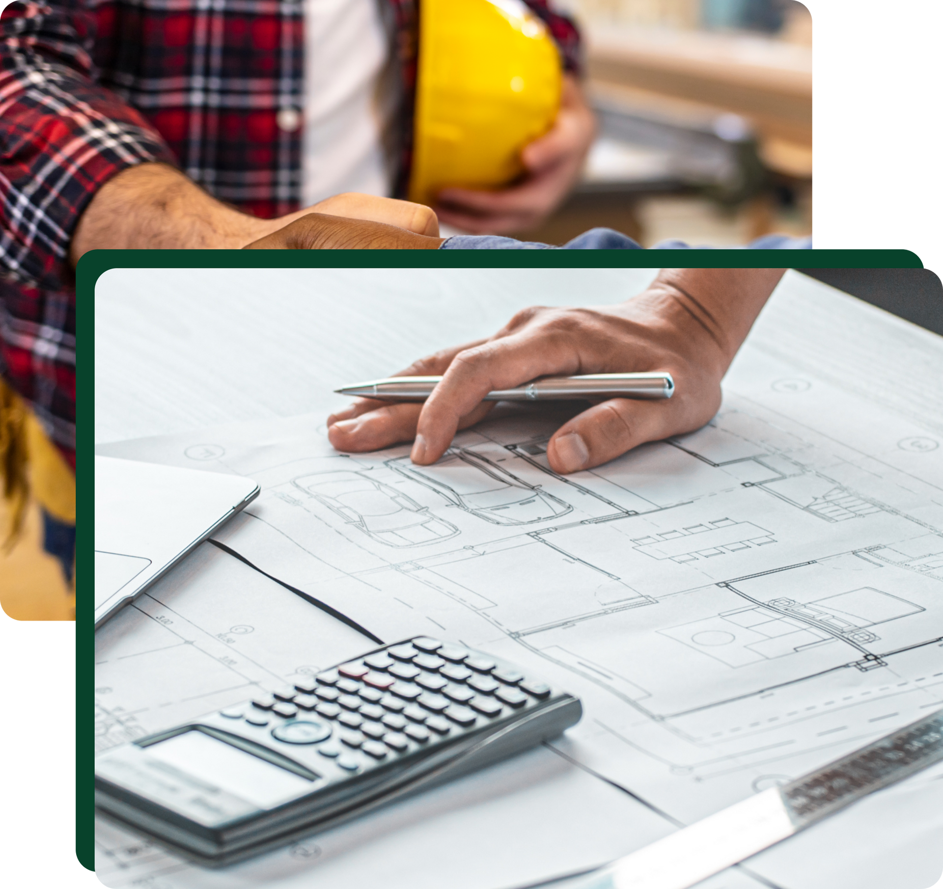 Architect reviewing blueprints with calculator and ruler. Construction worker in background holding hard hat.