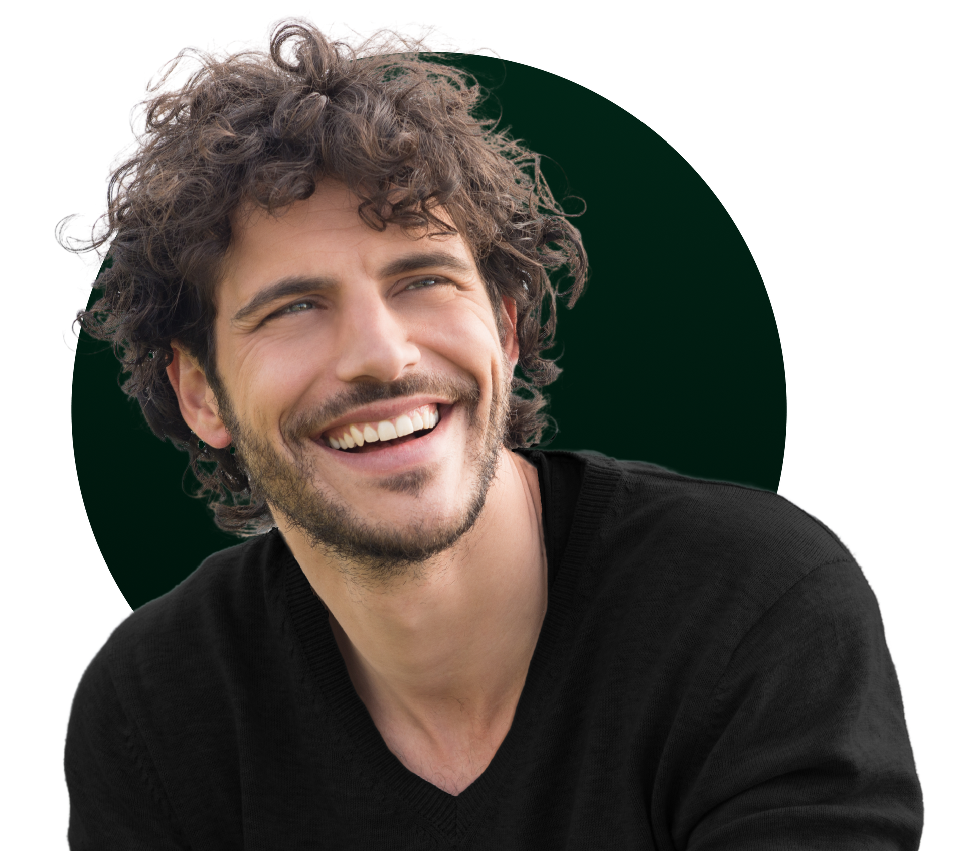 Man with curly hair, smiling broadly, wearing black shirt, set against a dark green circle.