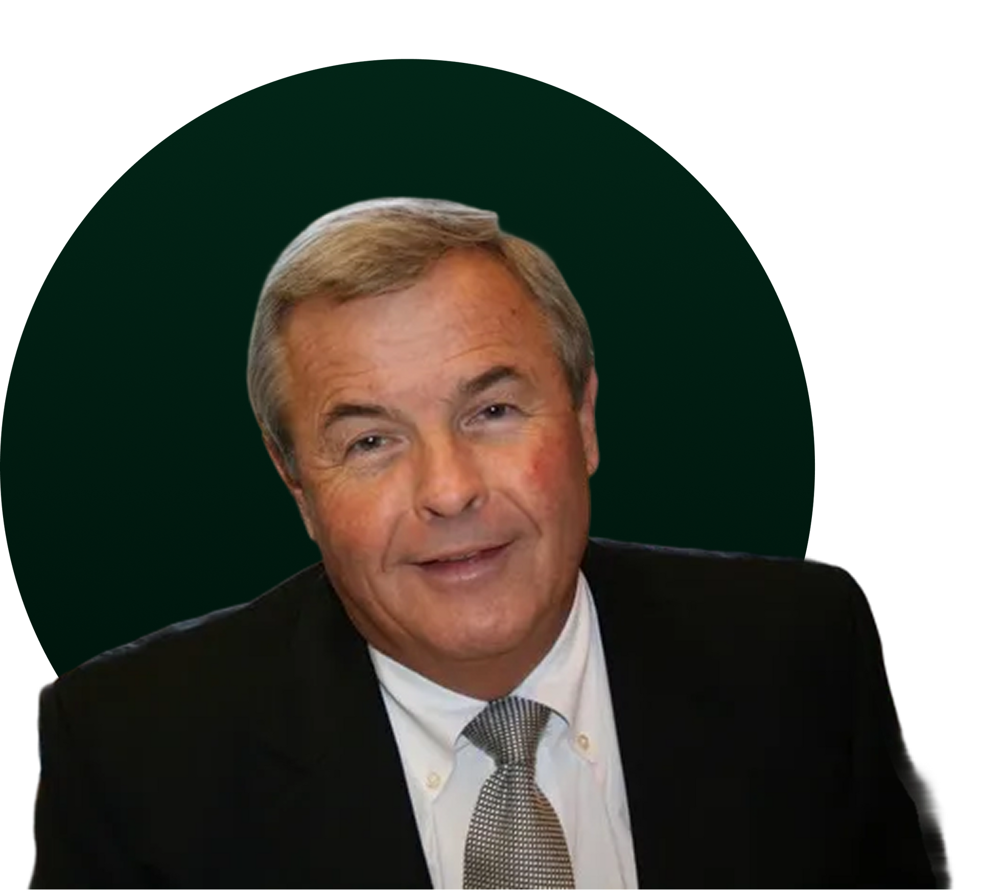 Man in a suit smiles, set against a dark green circle.