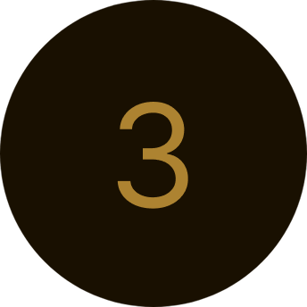 Dark brown circle with gold number 3.