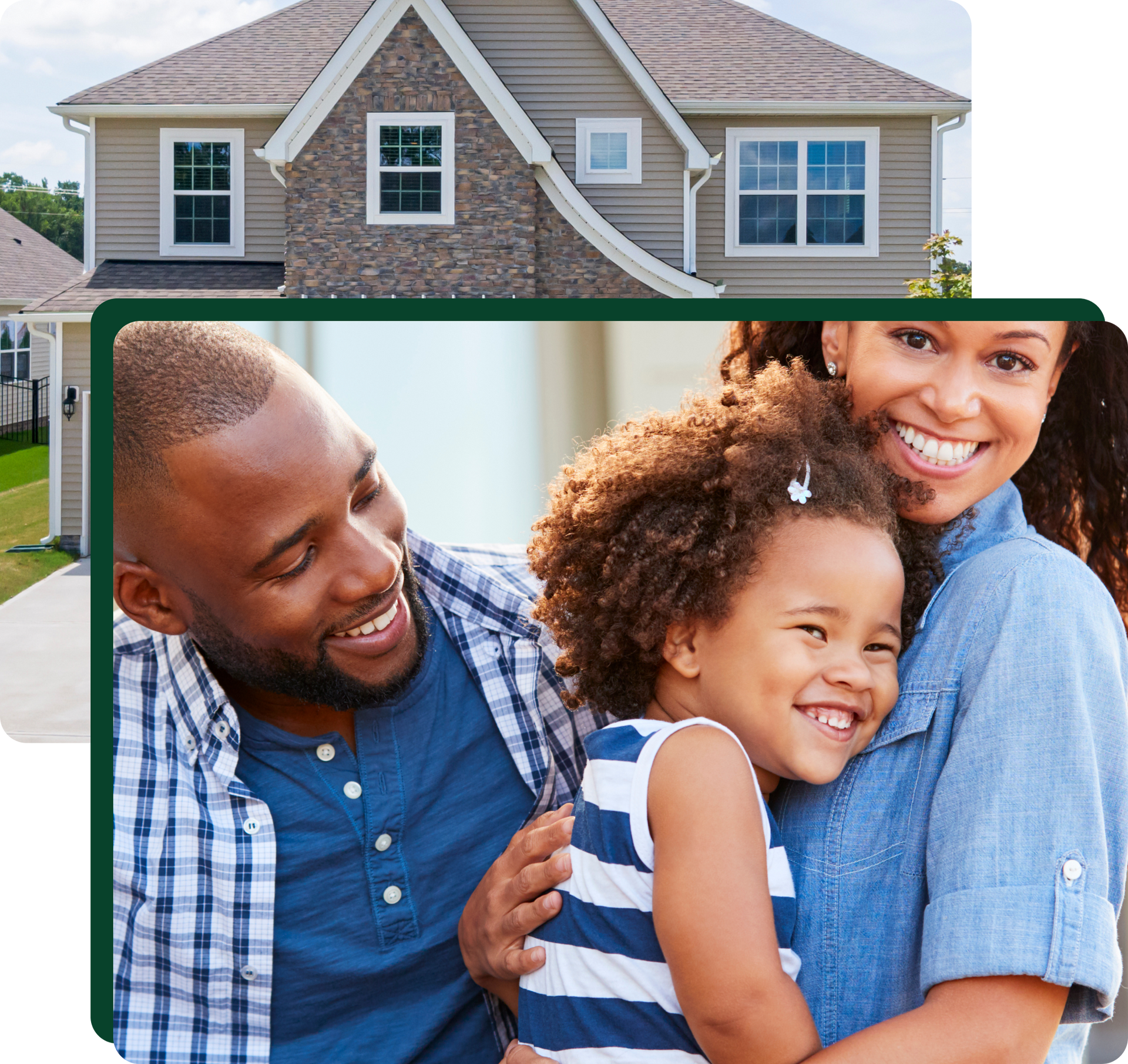 Happy family of three smiling in front of their new home.