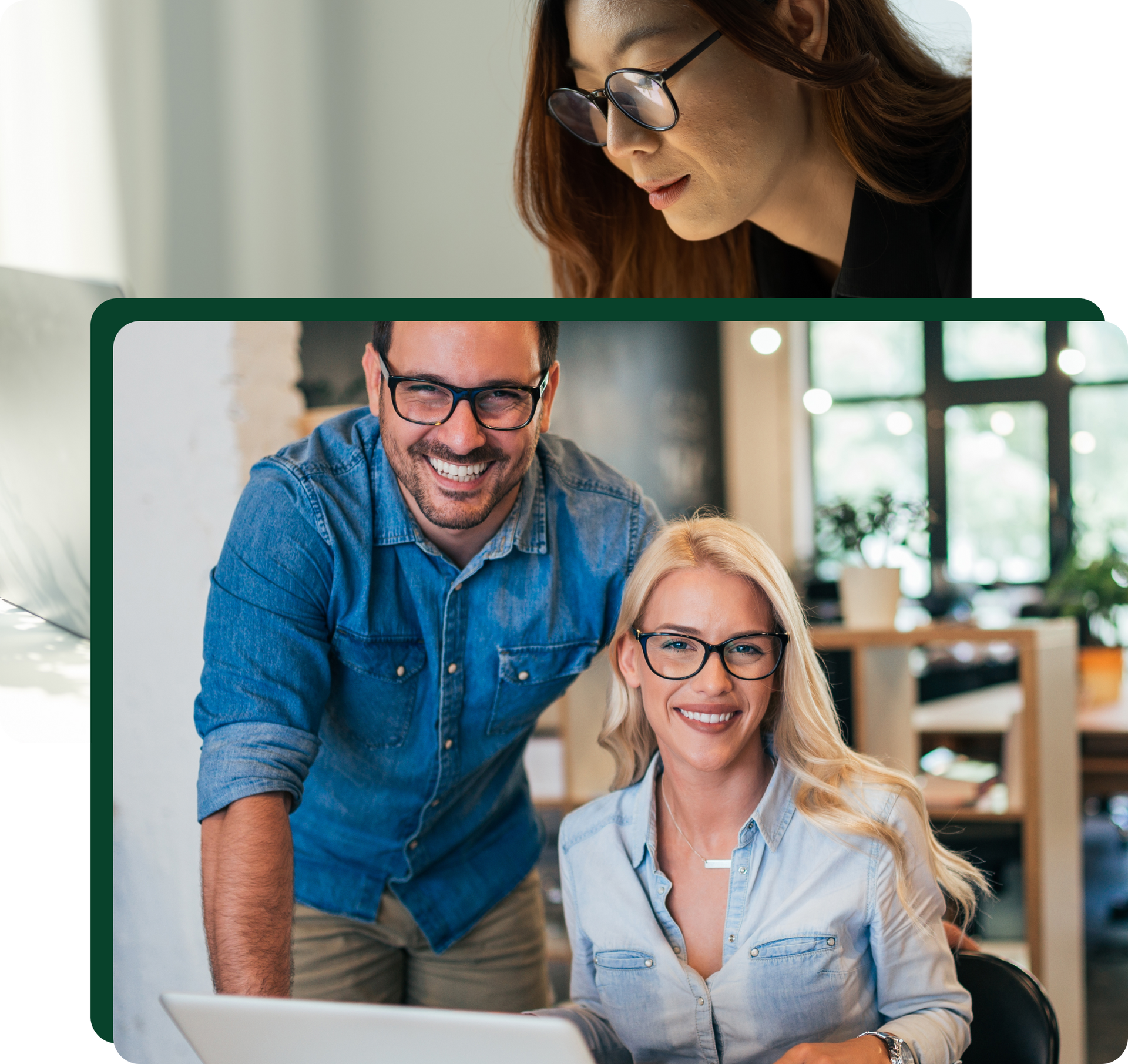 People at a desk; one points to a report while another uses a laptop, shaking hands in the background.
