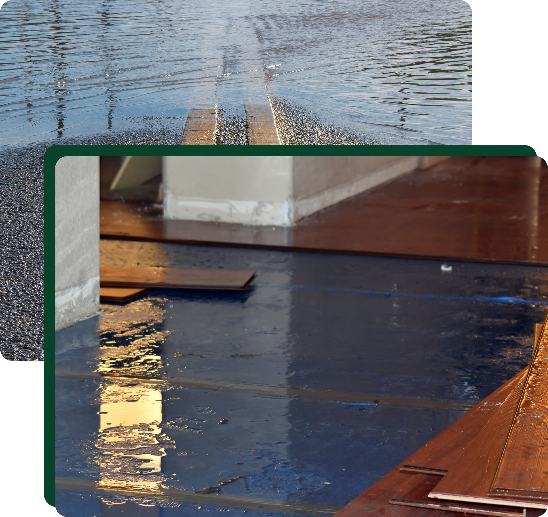 Water damage: flooded floors, wood planks submerged indoors.