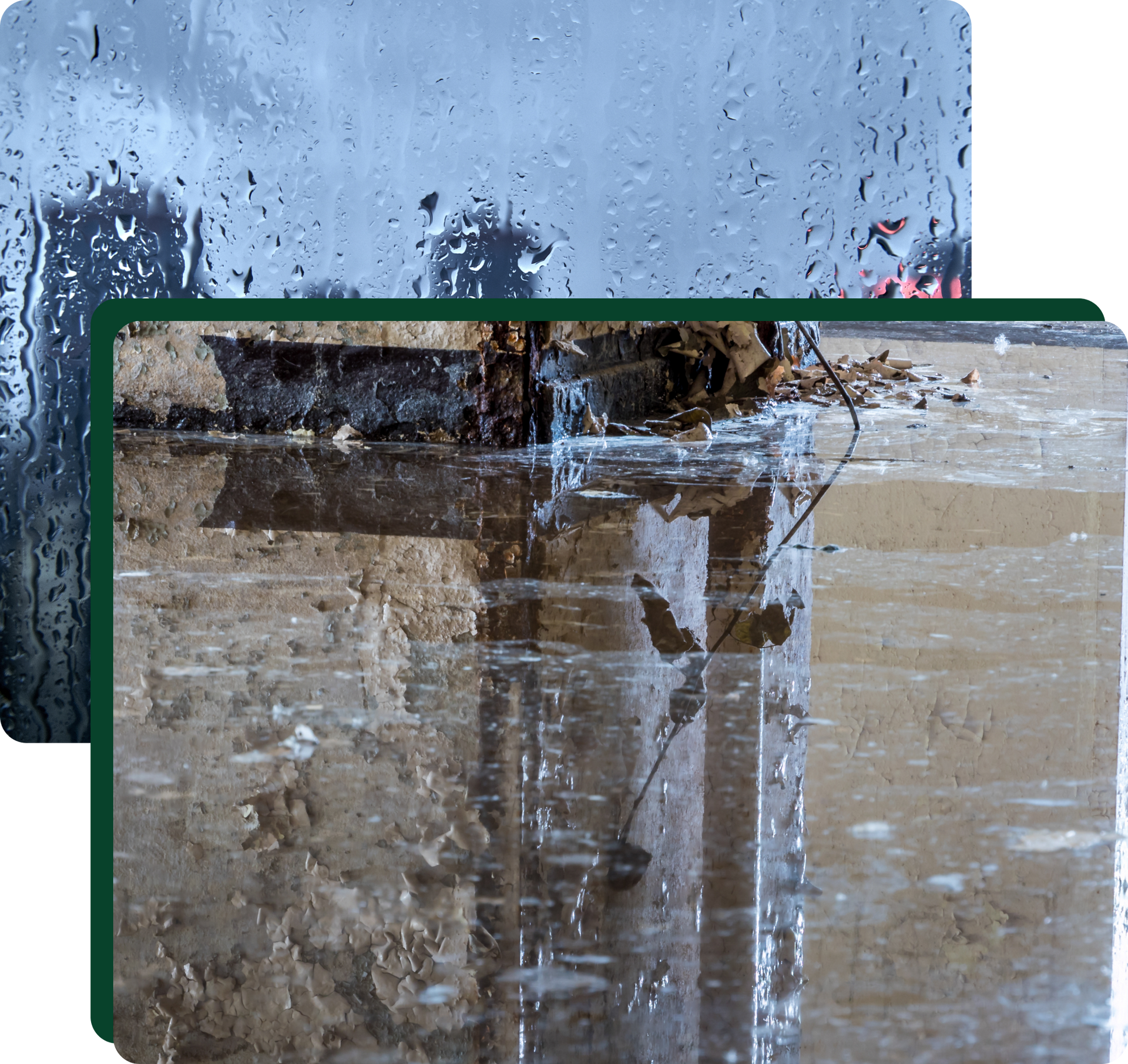 Rainwater overflowing a concrete structure, water running down and puddling on the ground.