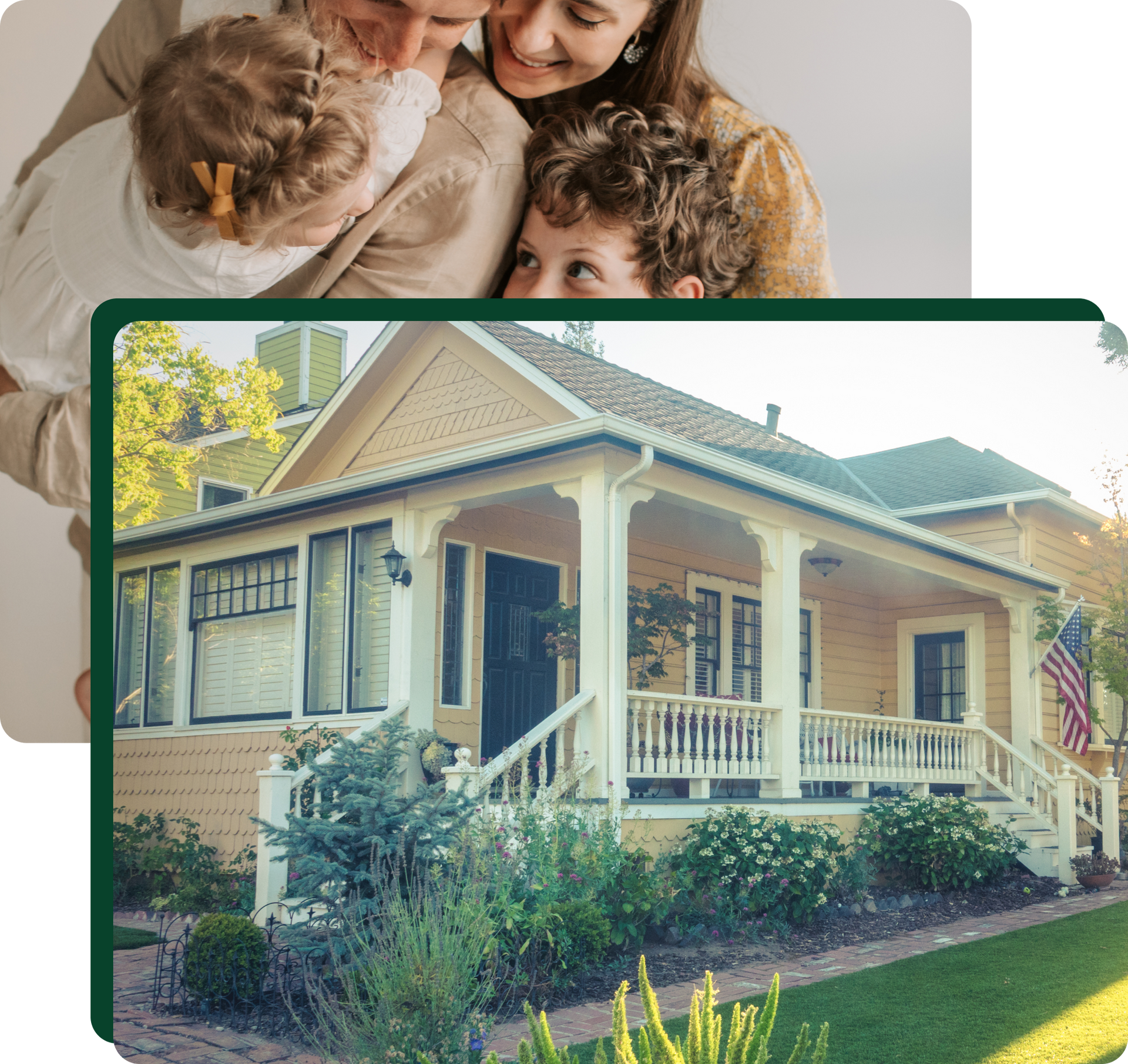 Family hugging in front of a yellow house with a porch.