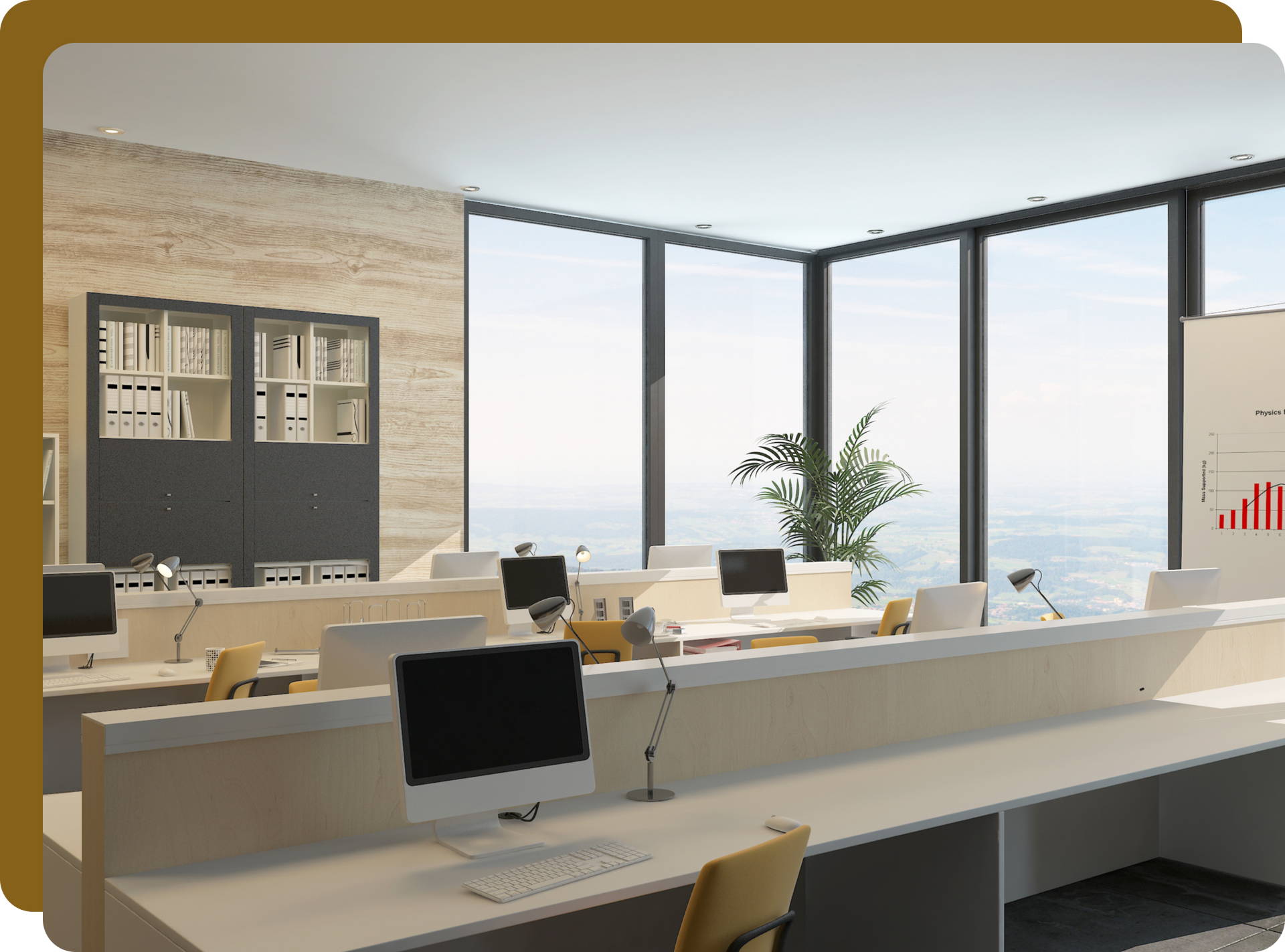 Modern office space with desks, computers, and a large window overlooking the ocean.
