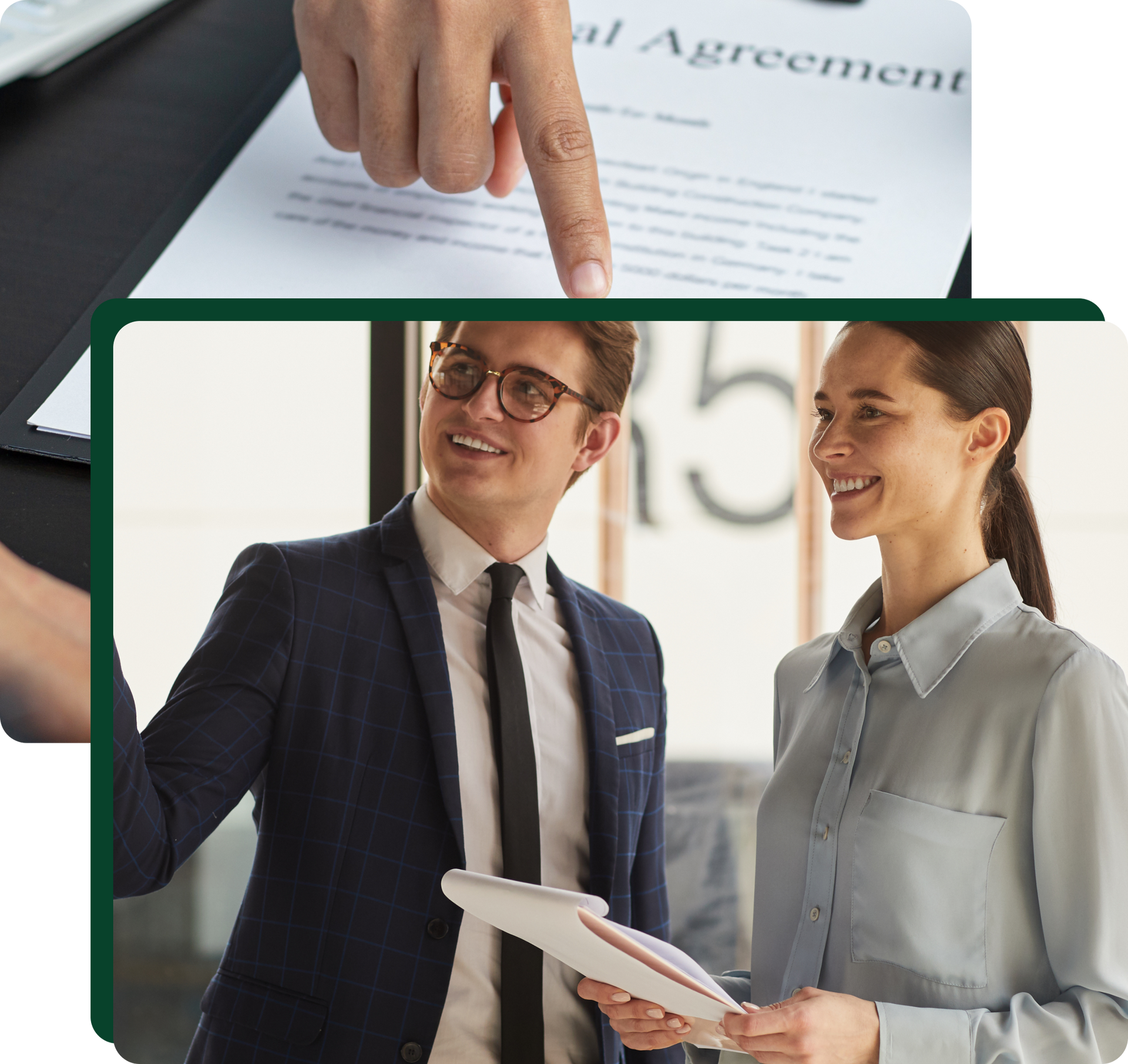 A man in a suit points to a document, while two professionals smile in an office setting.