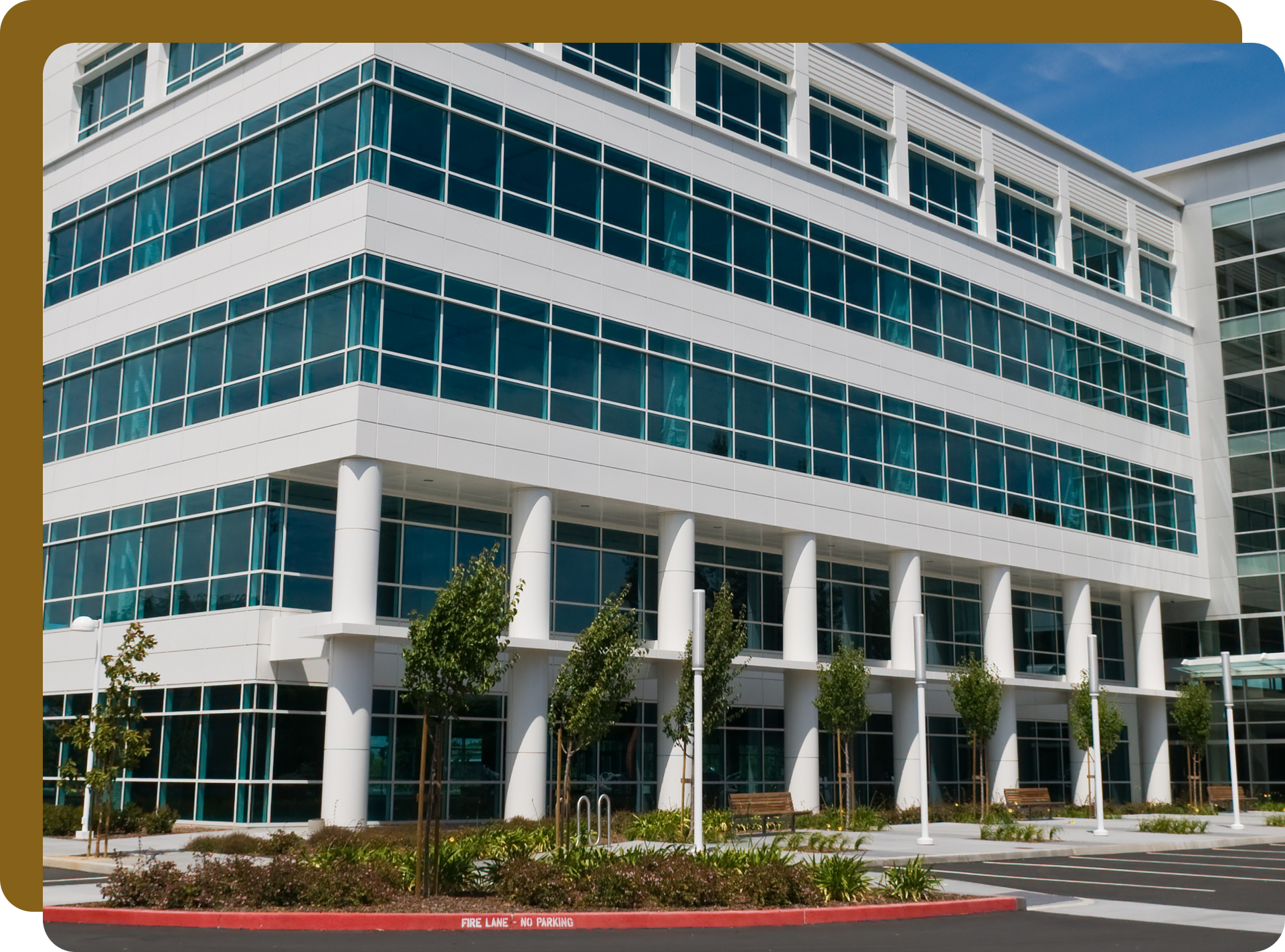 White modern office building with glass windows and landscaping.