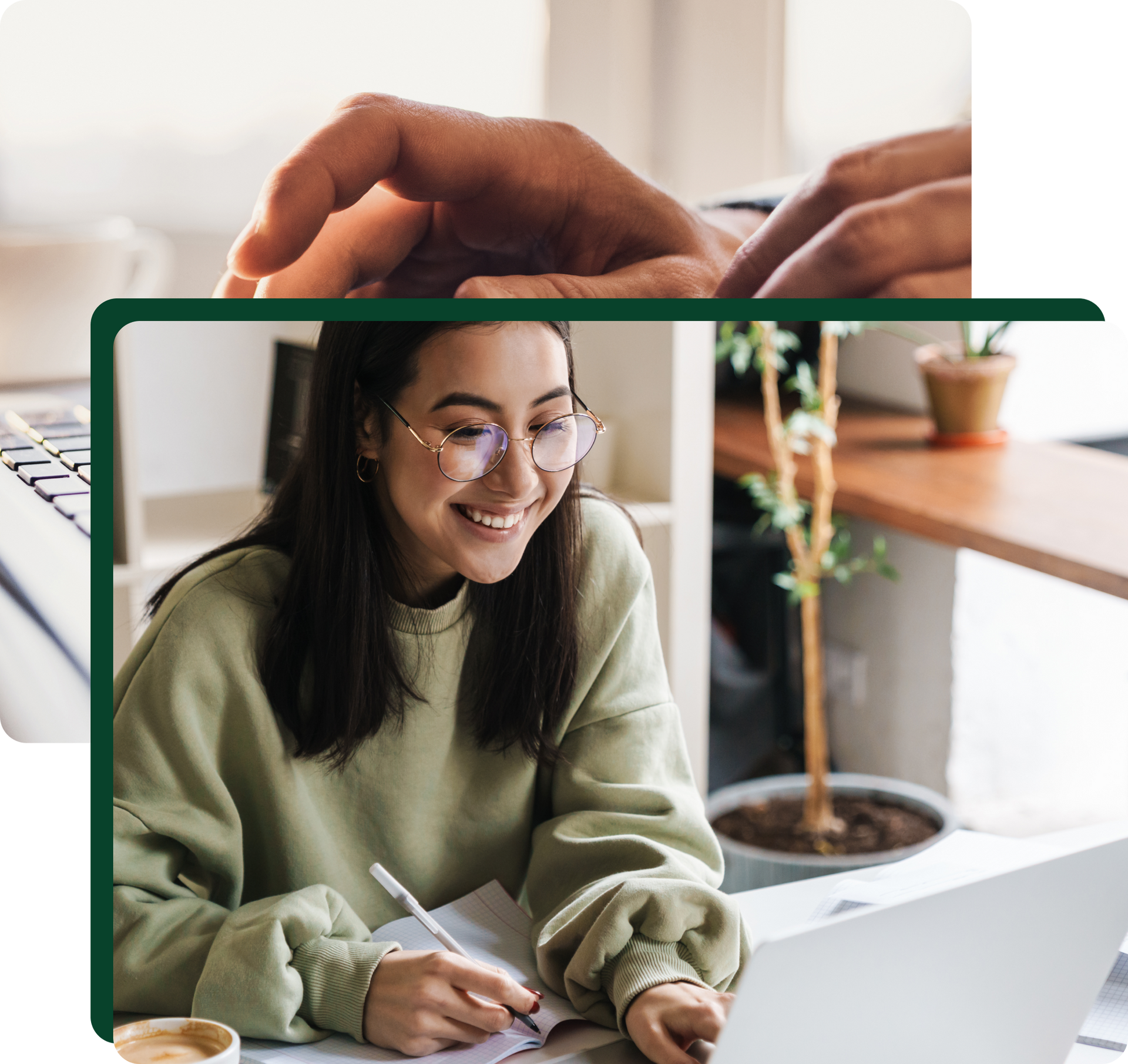 Woman with glasses smiles, working on laptop, writing in notebook. Hands typing on laptop in background.
